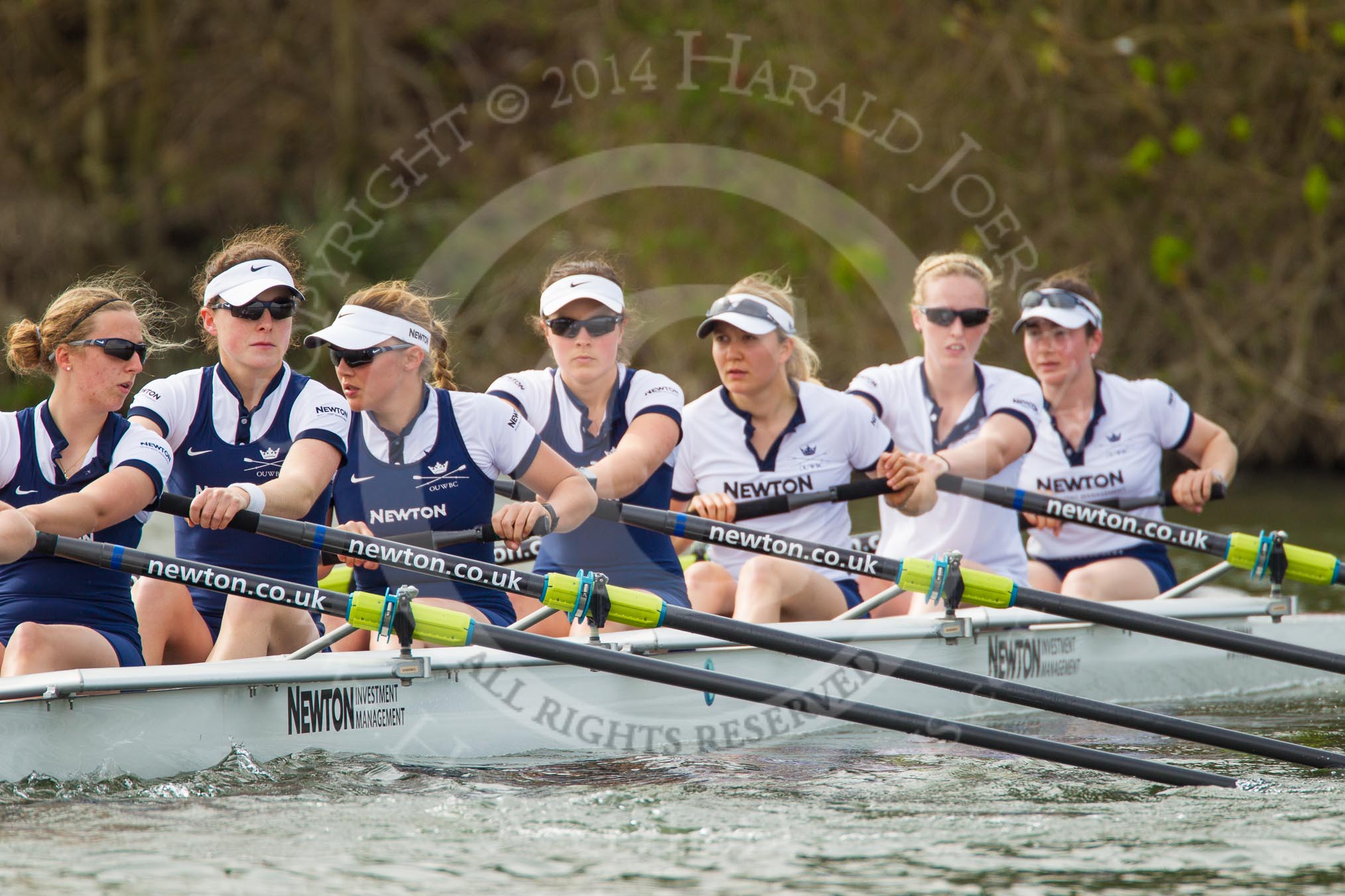 The Women's Boat Race and Henley Boat Races 2014: The Oxford Blue Boat just paddling up the river before the start of the 2014 Newton Women's Boat Race: 7 Anastasia Chitty, 6 Laura Savarese, 5 Nadine Graedel Iberg, 4 Lauren Kedar, 3 Maxie Scheske, 2 Alice Carrington-Windo, bow Elizabeth Fenje..
River Thames,
Henley-on-Thames,
Buckinghamshire,
United Kingdom,
on 30 March 2014 at 14:23, image #184