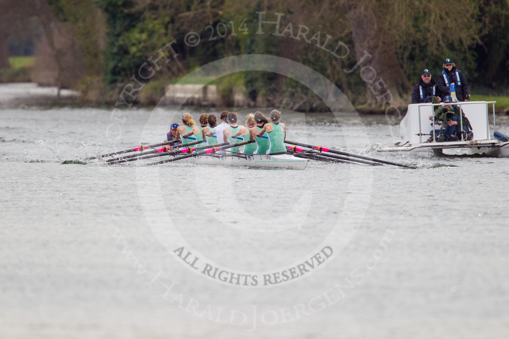 The Women's Boat Race and Henley Boat Races 2014: The Lightweight Women's Boat Race - the CUWBC Lightweights are slightly behind. On the right the umpire's launch with a TV cameraman in front..
River Thames,
Henley-on-Thames,
Buckinghamshire,
United Kingdom,
on 30 March 2014 at 14:48, image #220