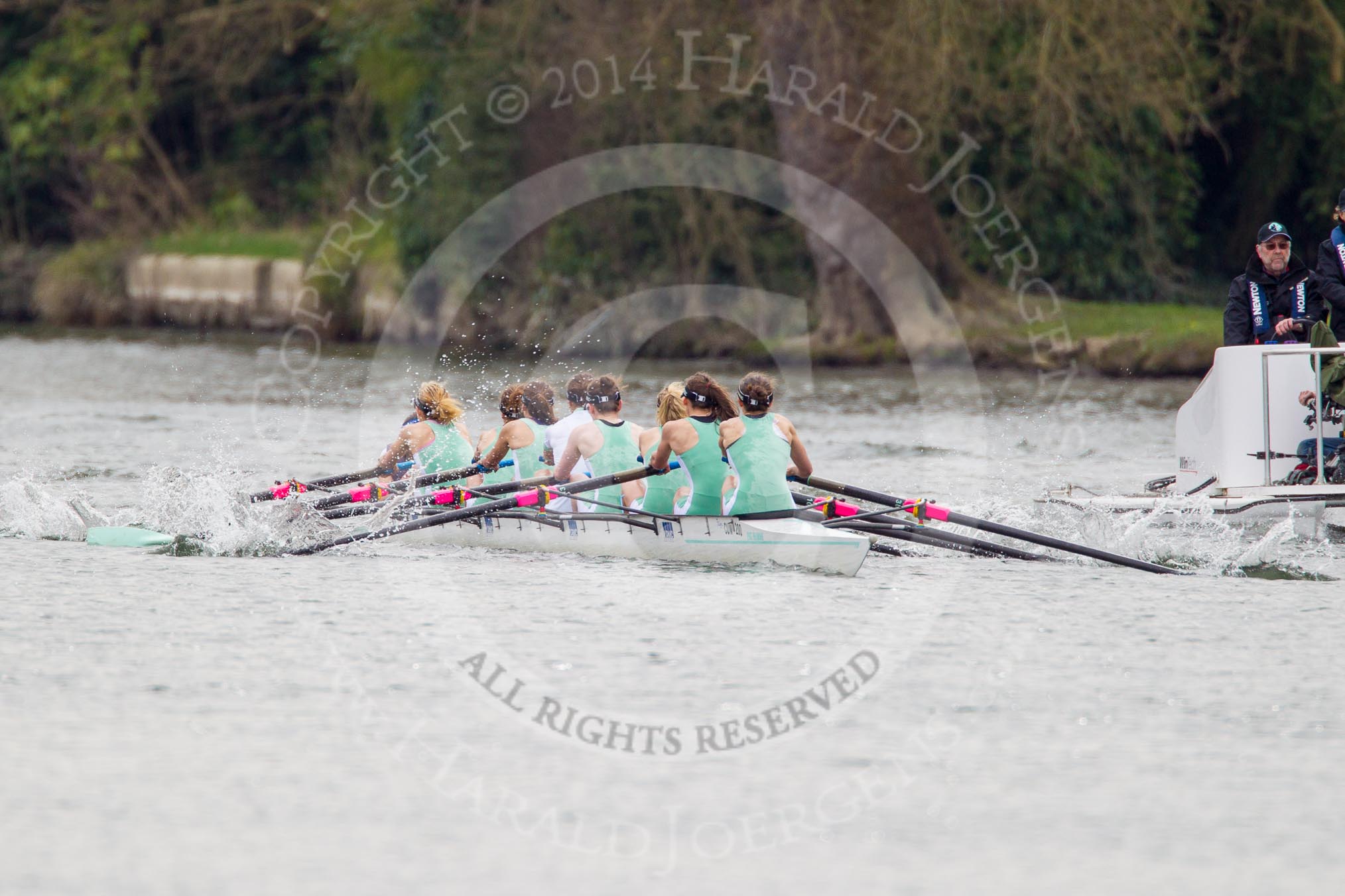 The Women's Boat Race and Henley Boat Races 2014: The Lightweight Women's Boat Race - the CUWBC Lightweights are slightly behind. On the right the umpire's launch with a TV cameraman in front..
River Thames,
Henley-on-Thames,
Buckinghamshire,
United Kingdom,
on 30 March 2014 at 14:48, image #221