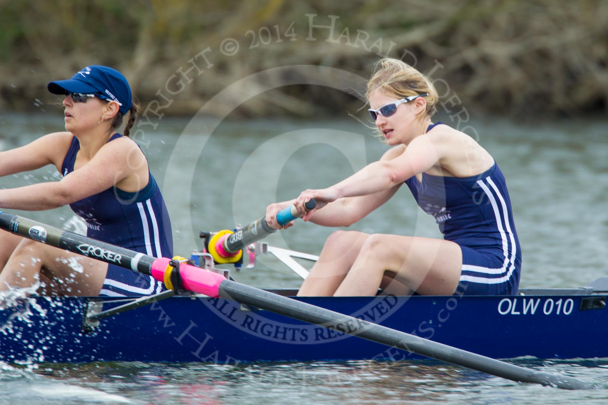 The Women's Boat Race and Henley Boat Races 2014: The OUWLRC boat in the lead - 2 seat Kirstin Rilham, at bow  Sophie Tomlinson..
River Thames,
Henley-on-Thames,
Buckinghamshire,
United Kingdom,
on 30 March 2014 at 14:49, image #229