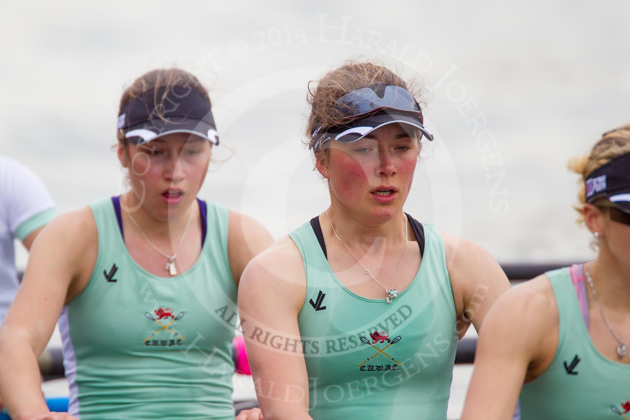 The Women's Boat Race and Henley Boat Races 2014: After the Lightweight Women's Boat Race, the CUWBC Lightweights on the way back, here, in the 6 seat, Ella Barnard, 7 Fiona Macklin, and stroke Jilly Tovey..
River Thames,
Henley-on-Thames,
Buckinghamshire,
United Kingdom,
on 30 March 2014 at 14:57, image #259