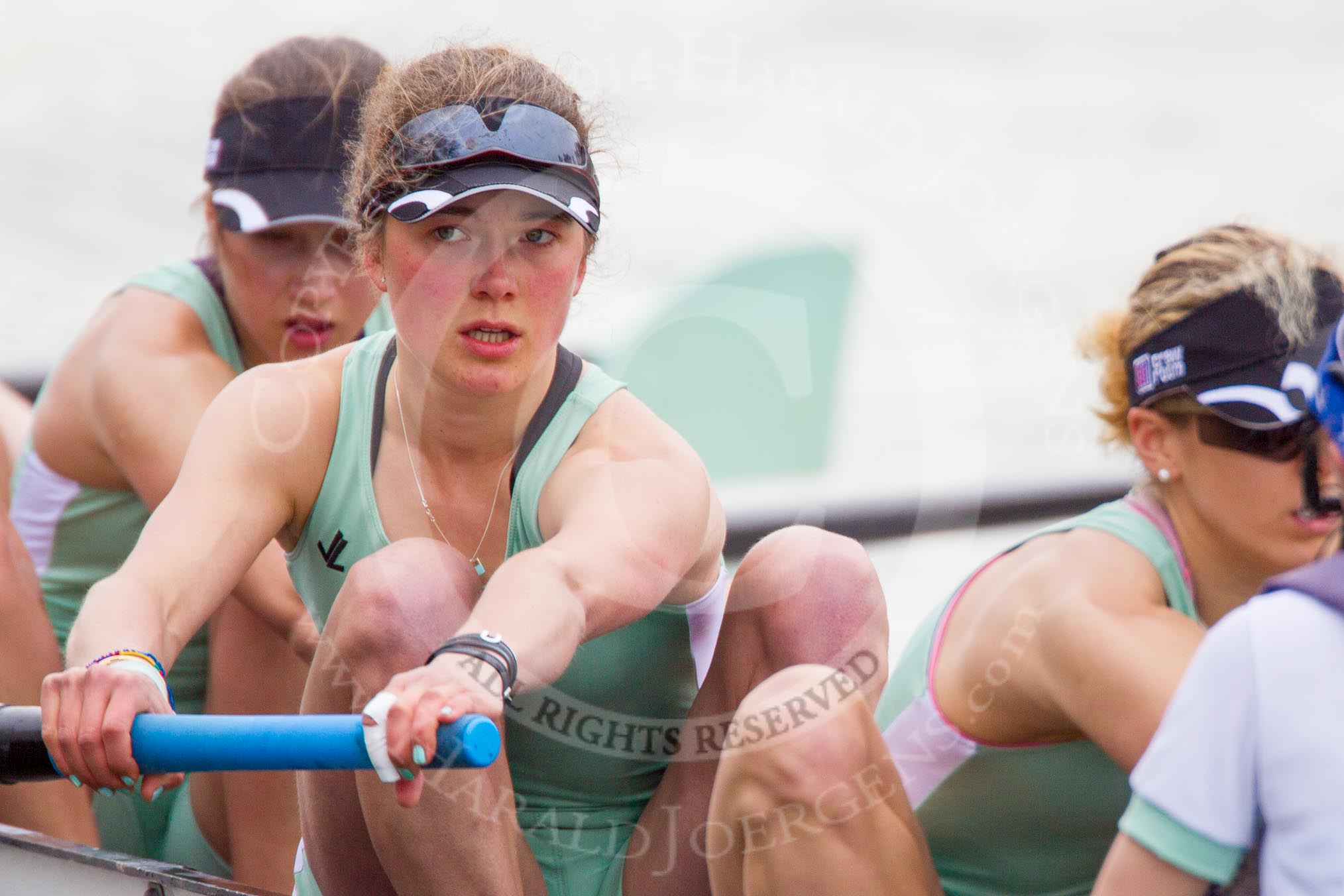 The Women's Boat Race and Henley Boat Races 2014: After the Lightweight Women's Boat Race, the CUWBC Lightweights on the way back, here, in the 6 seat, Ella Barnard, 7 Fiona Macklin, and stroke Jilly Tovey..
River Thames,
Henley-on-Thames,
Buckinghamshire,
United Kingdom,
on 30 March 2014 at 14:57, image #260