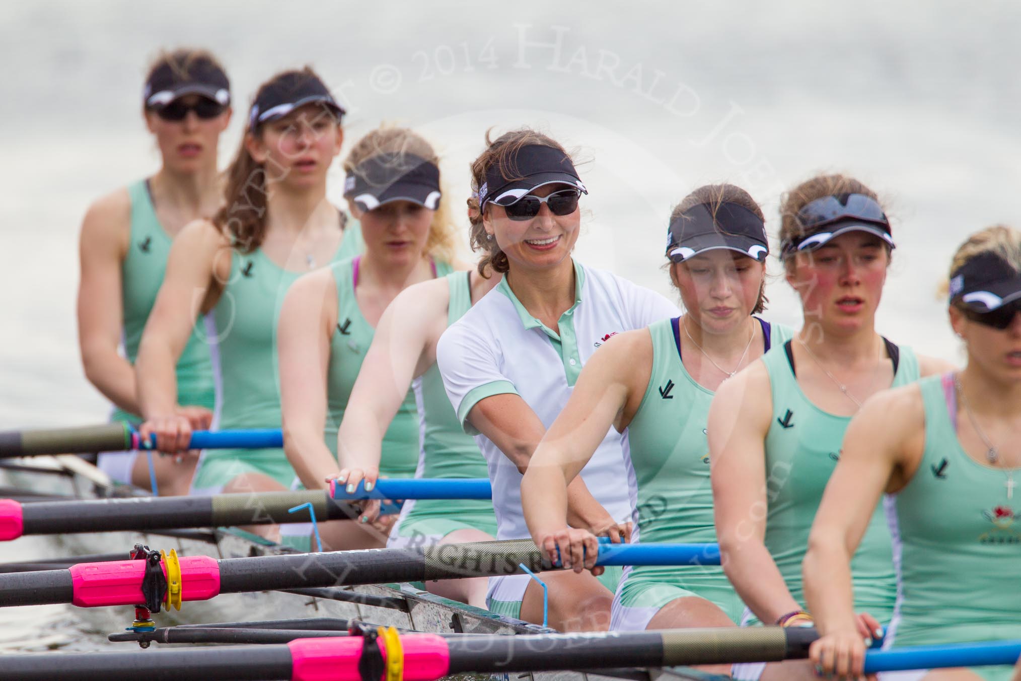 The Women's Boat Race and Henley Boat Races 2014: After the Lightweight Women's Boat Race, the CUWBC Lightweights on the way back:  Bow Clare Hall, 2 Christina Ostacchini, 3 Lottie Meggit, 4 Eve Edwards, 5 Valentina Futoryanova, 6 Ella Barnard, 7 Fiona Macklin, stroke Jilly Tovey..
River Thames,
Henley-on-Thames,
Buckinghamshire,
United Kingdom,
on 30 March 2014 at 14:57, image #261