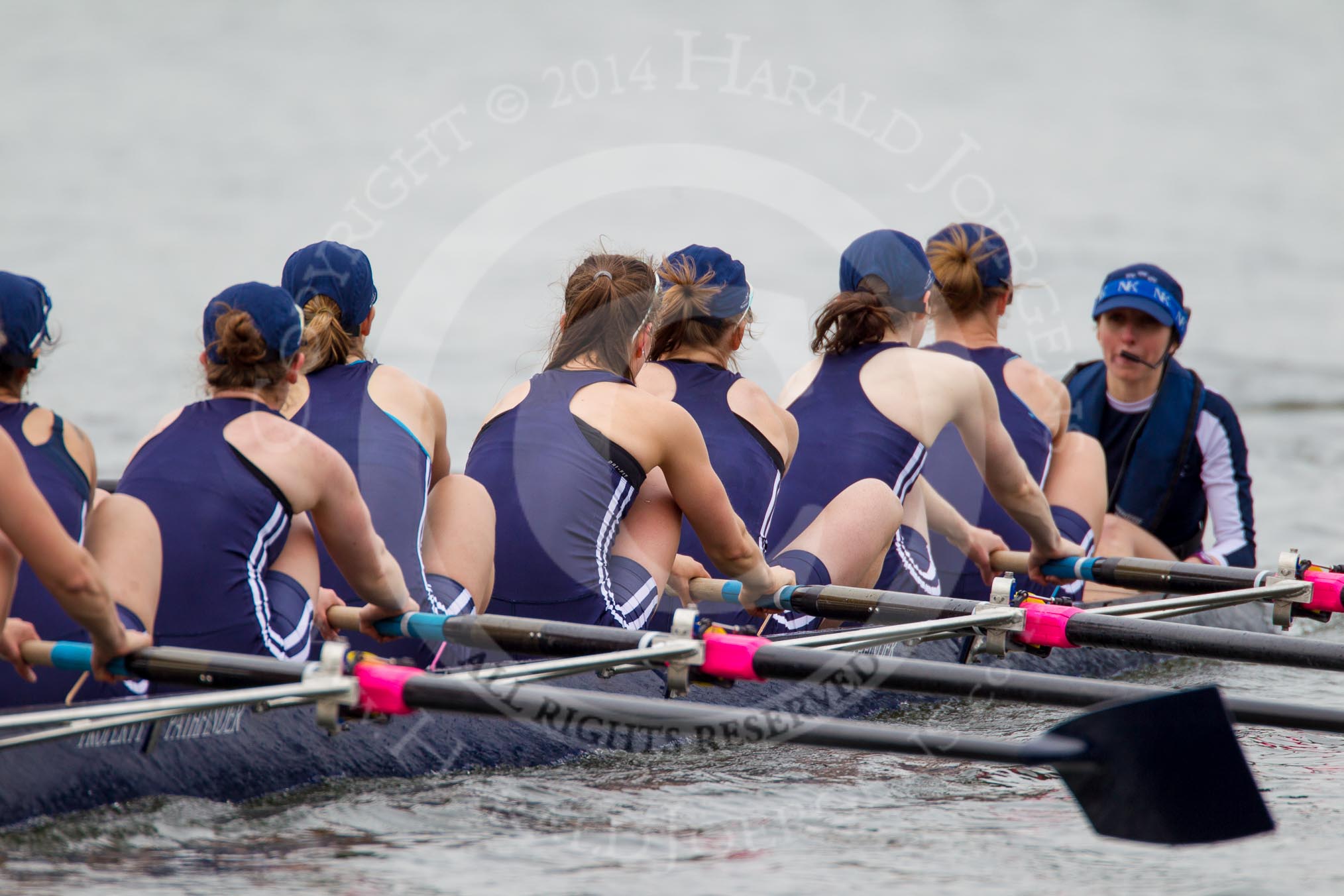 The Women's Boat Race and Henley Boat Races 2014: After the Lightweight Women's Boat Race, the OUWLRC boat on the way back: Bow Sophie Tomlinson, 2 Kirstin Rilham, 3 Rebecca Lane, 4 Nicky Huskens, 5 Sophie Philbrick, 6 Zoe Cooper-Sutton, 7 Emma Clifton, stroke  Suzanne Cole, cox  Lea Carrot..
River Thames,
Henley-on-Thames,
Buckinghamshire,
United Kingdom,
on 30 March 2014 at 14:57, image #263