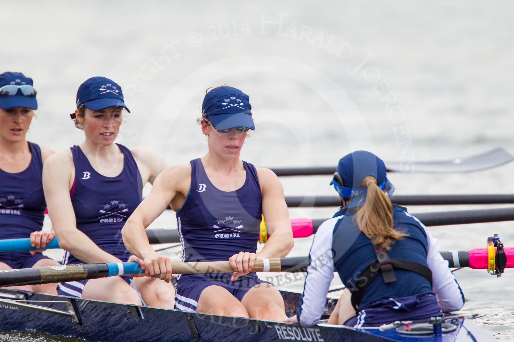 The Women's Boat Race and Henley Boat Races 2014: After the Lightweight Women's Boat Race, the OUWLRC boat on the way back: In the 6 seat Zoe Cooper-Sutton, 7 Emma Clifton, stroke  Suzanne Cole, and cox  Lea Carrot..
River Thames,
Henley-on-Thames,
Buckinghamshire,
United Kingdom,
on 30 March 2014 at 14:58, image #274
