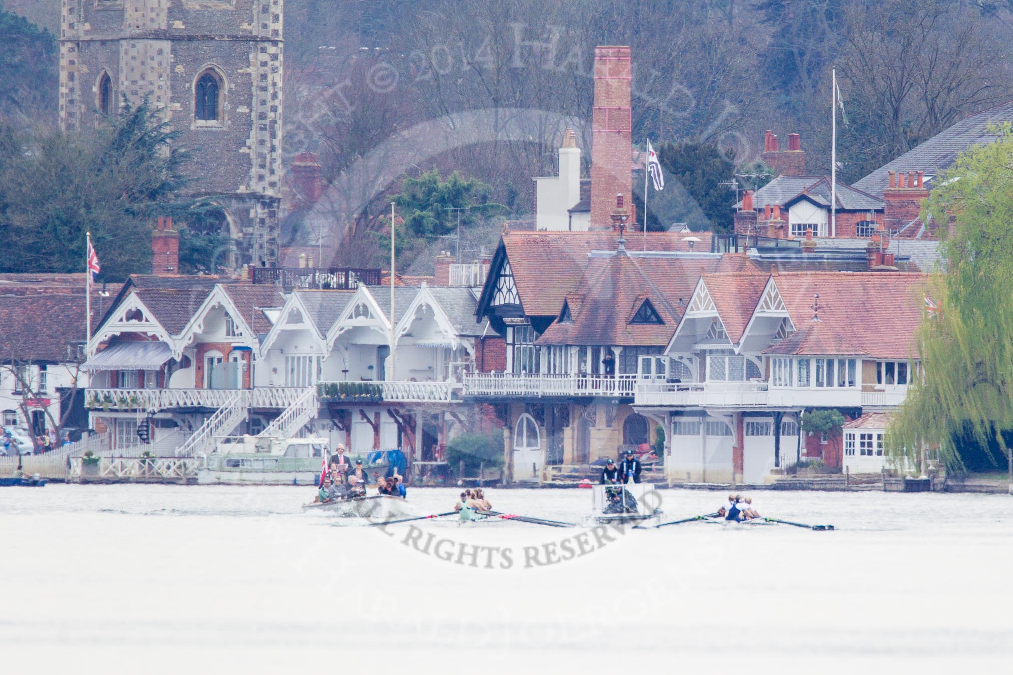 The Women's Boat Race and Henley Boat Races 2014: The start of the Newton Women's Boat Race at Henley. Oxford is on the right (Bucks) side, following the boats is the umpire's launch and, on the left, a press launch..
River Thames,
Henley-on-Thames,
Buckinghamshire,
United Kingdom,
on 30 March 2014 at 15:12, image #279