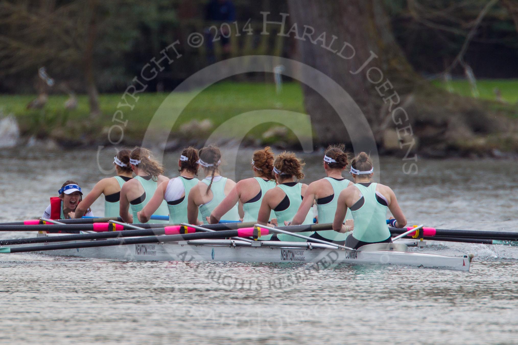 The Women's Boat Race and Henley Boat Races 2014: The Women's Boat Race: The Cambridge Eight, with Cox Esther Momcilovic, stroke Emily Day, 7 Claire Watkins, 6 Melissa Wilson, 5 Catherine Foot, 4 Isabella Vyvyan, 3 Holly Game, 2 Kate Ashley, bow Caroline Reid..
River Thames,
Henley-on-Thames,
Buckinghamshire,
United Kingdom,
on 30 March 2014 at 15:14, image #290