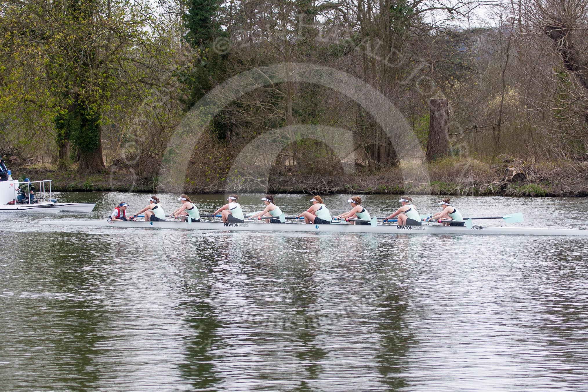 The Women's Boat Race and Henley Boat Races 2014: The Women's Boat Race: The Cambridge boat is followed by the umpire's launch: Cox Esther Momcilovic, stroke Emily Day, 7 Claire Watkins, 6 Melissa Wilson, 5 Catherine Foot, 4 Isabella Vyvyan, 3 Holly Game, 2 Kate Ashley, bow Caroline Reid..
River Thames,
Henley-on-Thames,
Buckinghamshire,
United Kingdom,
on 30 March 2014 at 15:14, image #297