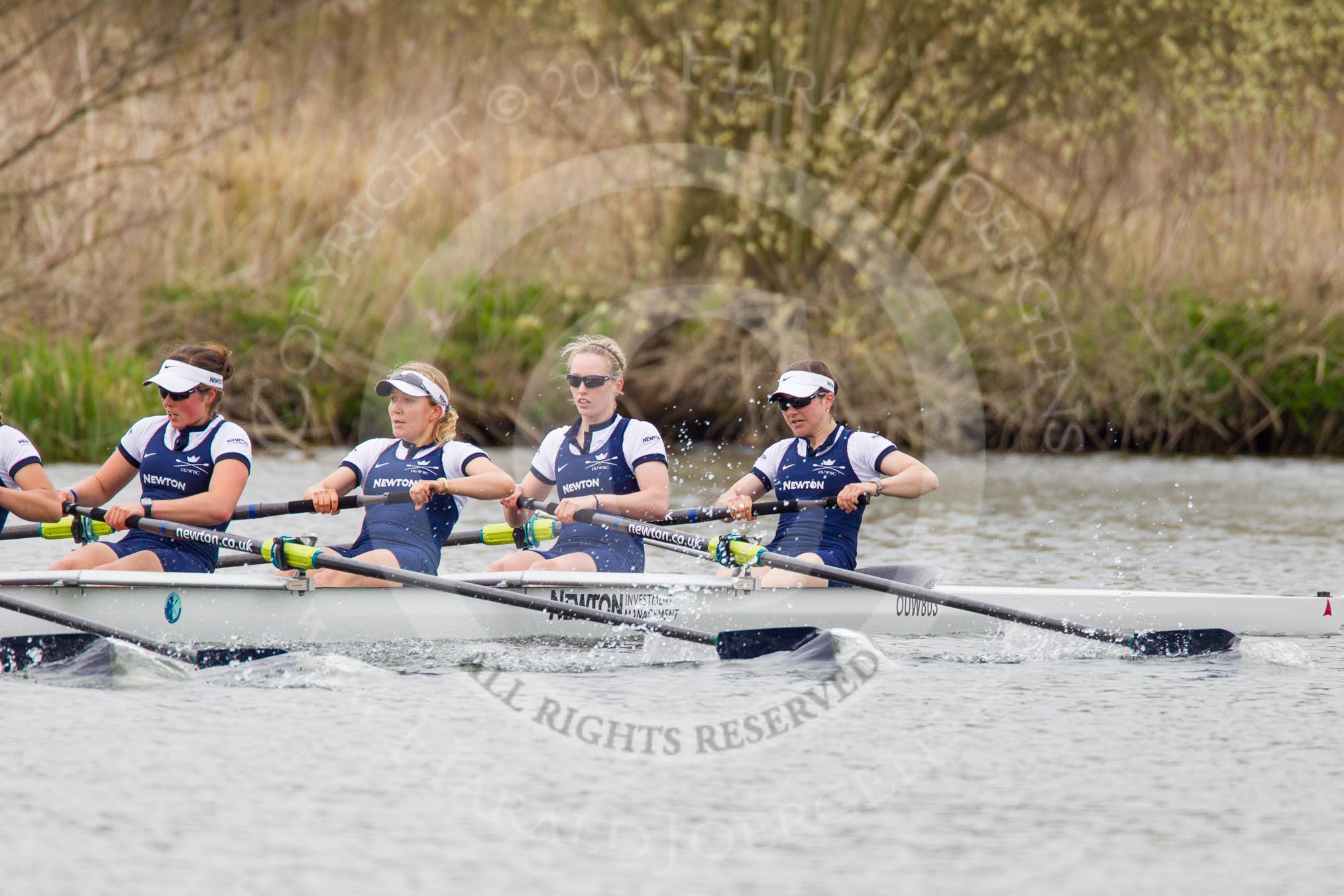 The Women's Boat Race and Henley Boat Races 2014: The Newton Women's Boat Race - Oxford in the lead, here in the 4 seat Lauren Kedar, 3 Maxie Scheske, 2 Alice Carrington-Windo, bow Elizabeth Fenje..
River Thames,
Henley-on-Thames,
Buckinghamshire,
United Kingdom,
on 30 March 2014 at 15:14, image #300