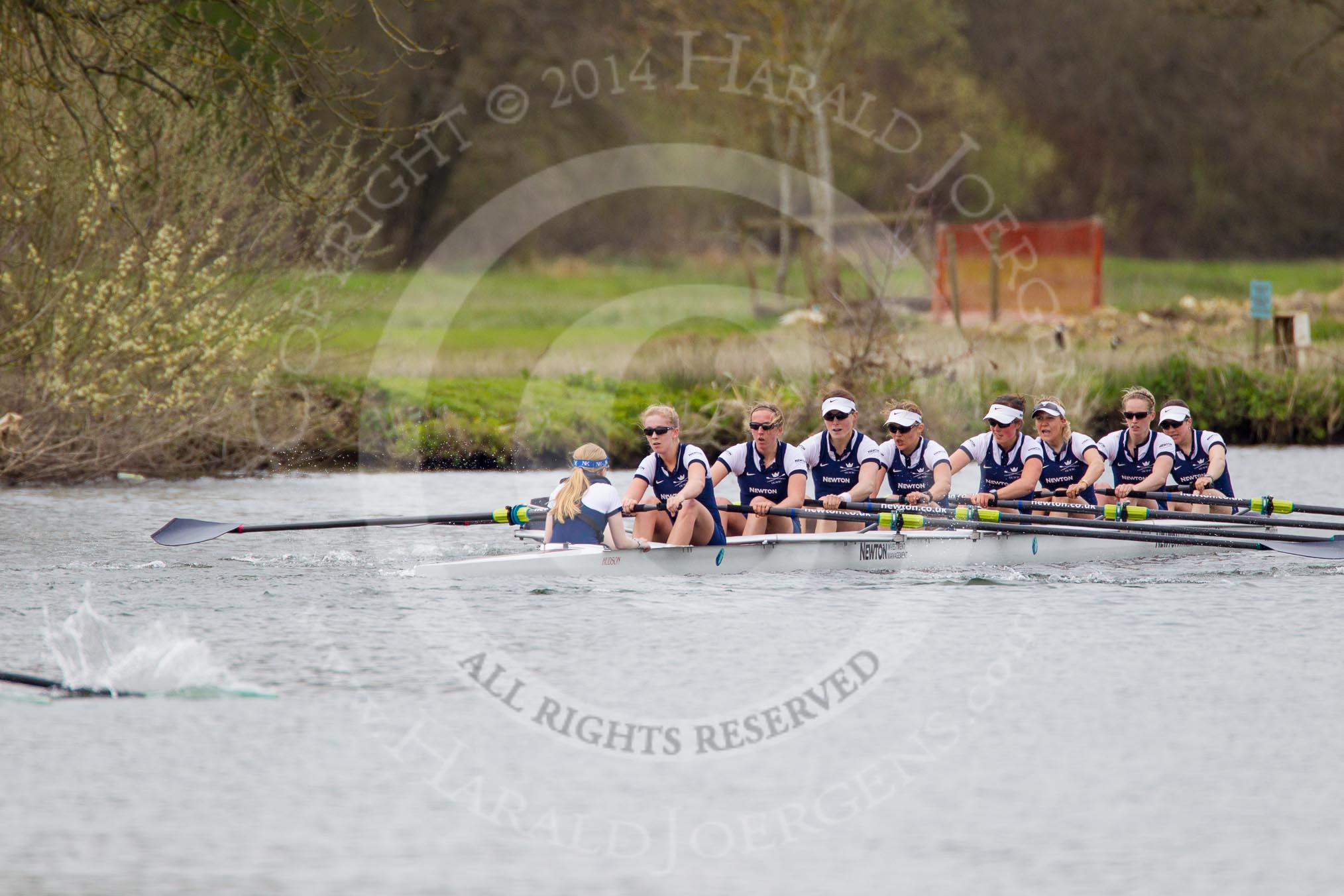 The Women's Boat Race and Henley Boat Races 2014: The Newton Women's Boat Race - Oxford in the lead, approaching the finish line, Cambridge behind and just visible on the left..
River Thames,
Henley-on-Thames,
Buckinghamshire,
United Kingdom,
on 30 March 2014 at 15:15, image #308