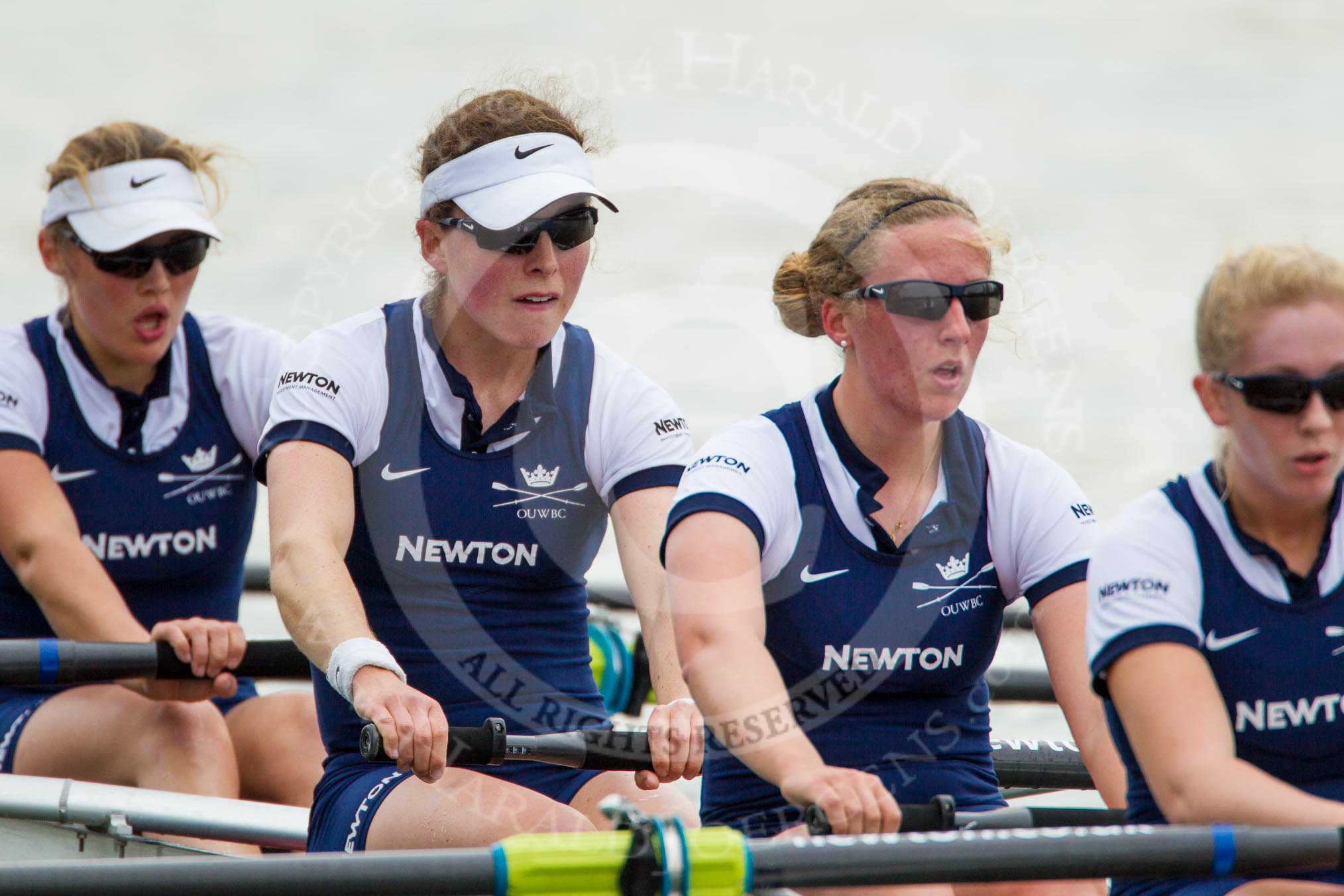 The Women's Boat Race and Henley Boat Races 2014: After winning the Newton Women's Boat Race, the Oxford crew is rowing back to Henley. In the 5 seat of the Oxford boat  Nadine Graedel Iberg, 6 Laura Savarese, 7 Anastasia Chitty, stroke Amber de Vere..
River Thames,
Henley-on-Thames,
Buckinghamshire,
United Kingdom,
on 30 March 2014 at 15:21, image #336