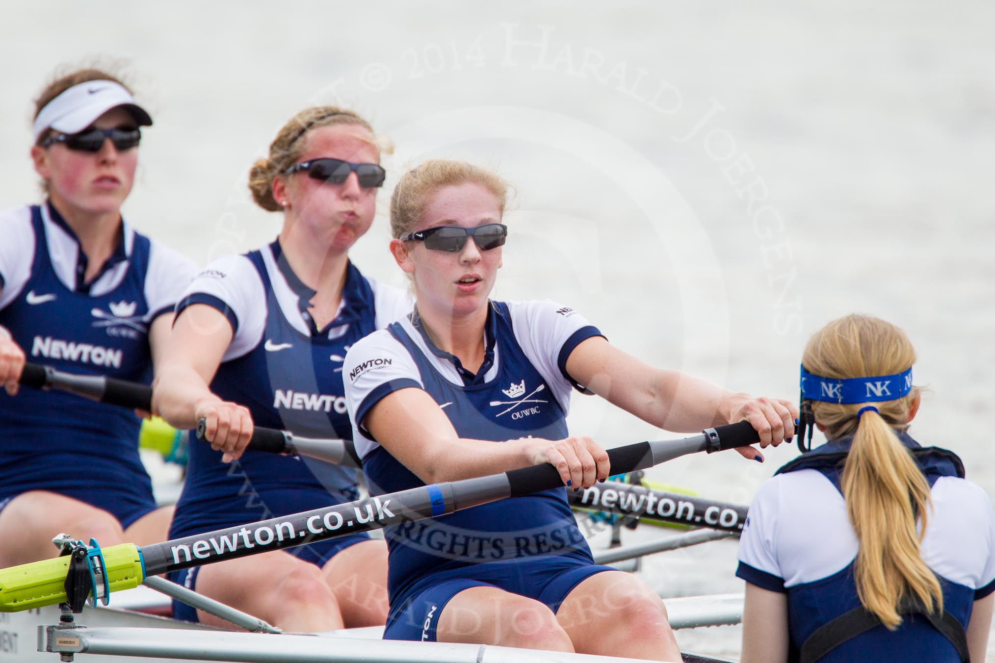 The Women's Boat Race and Henley Boat Races 2014: After winning the Newton Women's Boat Race, the Oxford crew is rowing back to Henley. In the 6 seat of the Oxford boat Laura Savarese, 7 Anastasia Chitty, stroke Amber de Vere, cox Erin Wysocki-Jones..
River Thames,
Henley-on-Thames,
Buckinghamshire,
United Kingdom,
on 30 March 2014 at 15:22, image #338