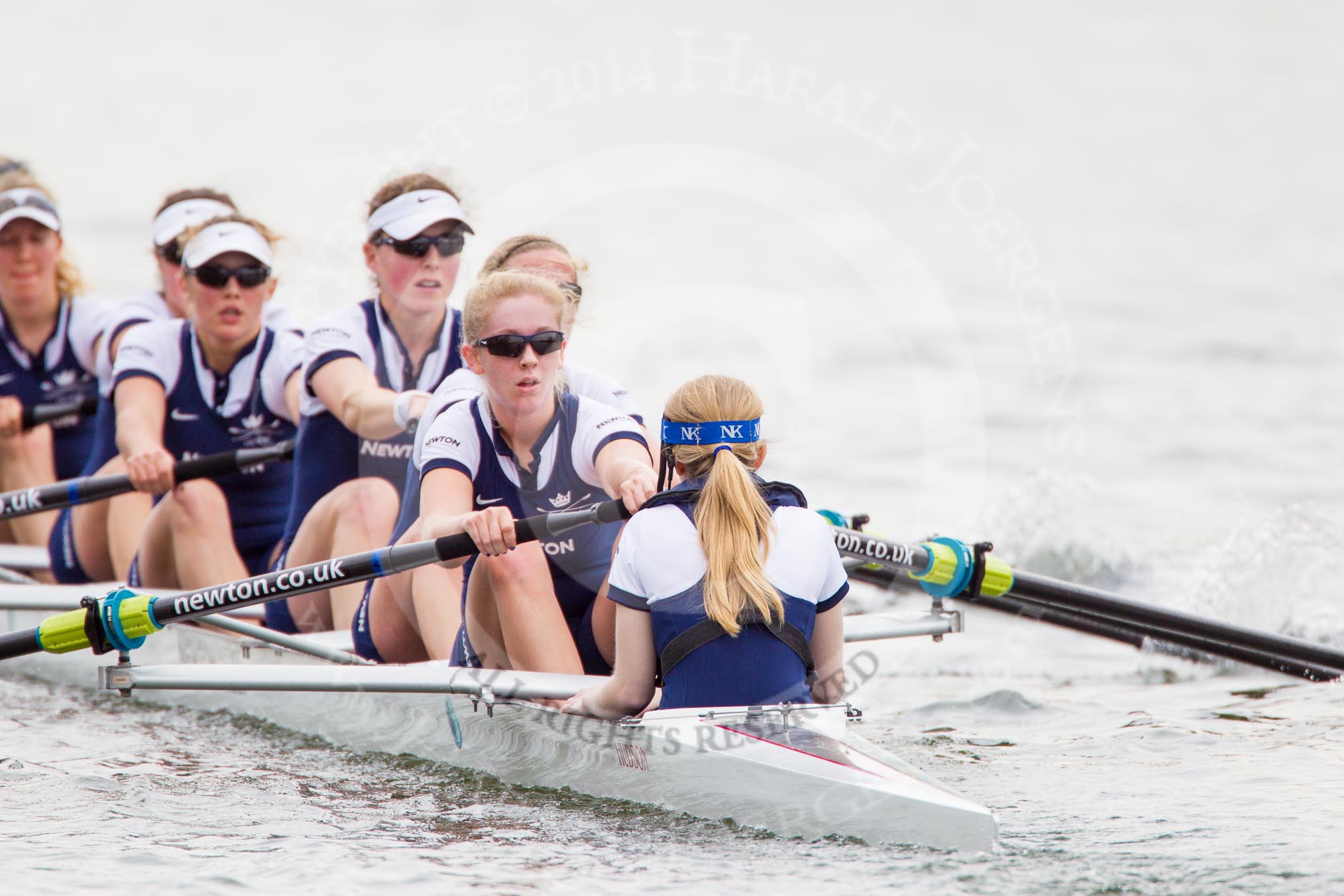 The Women's Boat Race and Henley Boat Races 2014: After winning the Newton Women's Boat Race, the Oxford crew is rowing back to Henley. 3 Maxie Scheske, 4 Lauren Kedar, 5 Nadine Graedel Iberg, 6 Laura Savarese, 7 Anastasia Chitty, stroke Amber de Vere, cox Erin Wysocki-Jones..
River Thames,
Henley-on-Thames,
Buckinghamshire,
United Kingdom,
on 30 March 2014 at 15:22, image #341