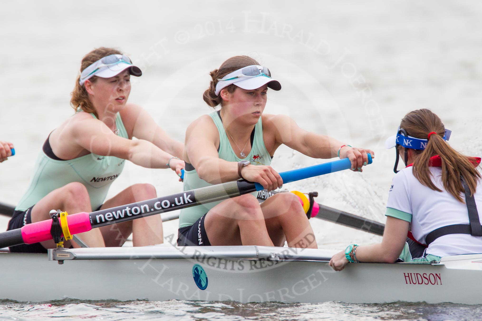 The Women's Boat Race and Henley Boat Races 2014: After  the Newton Women's Boat Race, the Cambridge crew is rowing back to Henley. Here, in the 7 seat, Claire Watkins, stroke Emily Day, cox Esther Momcilovic..
River Thames,
Henley-on-Thames,
Buckinghamshire,
United Kingdom,
on 30 March 2014 at 15:23, image #352