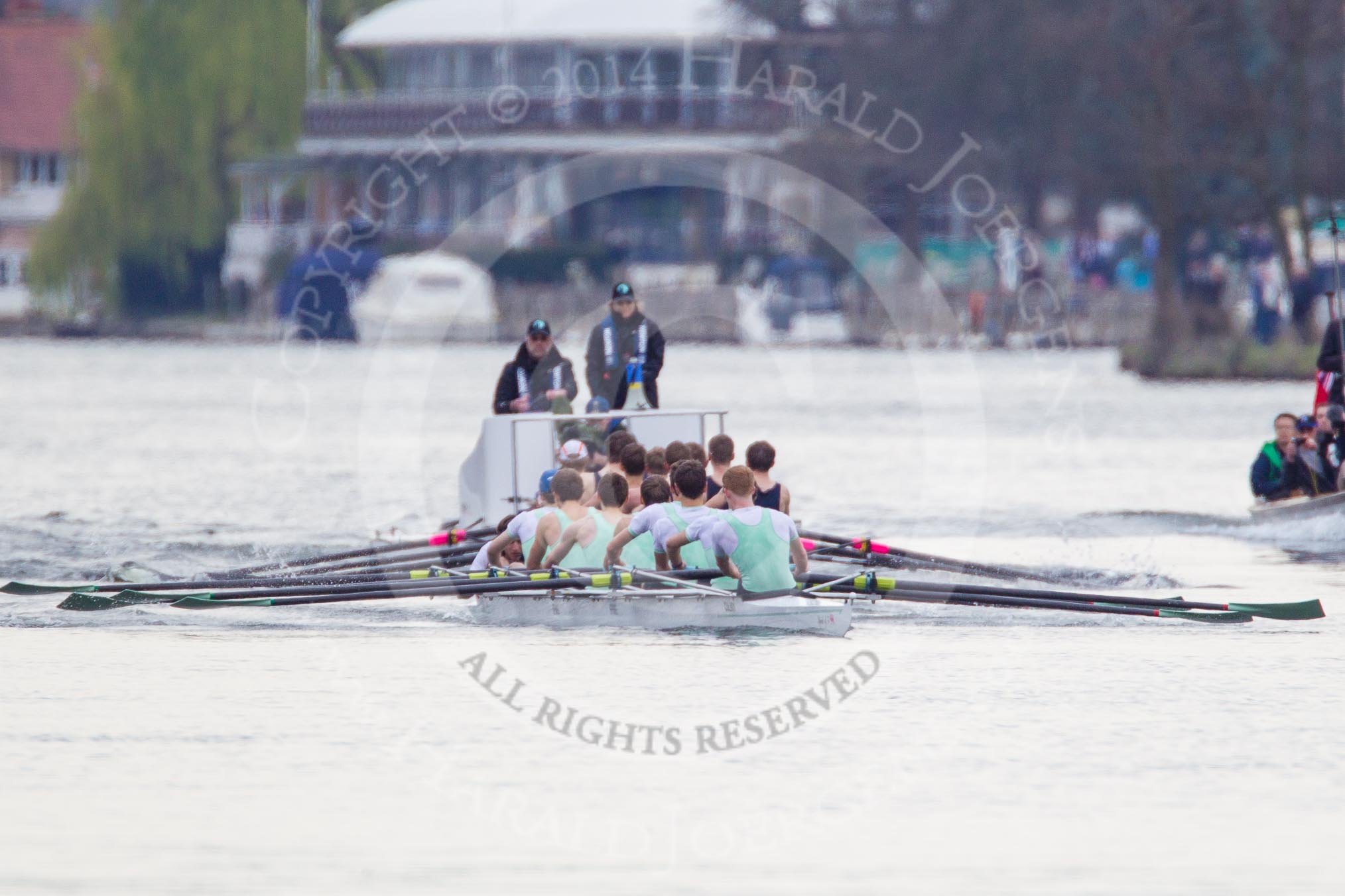 The Women's Boat Race and Henley Boat Races 2014: The Lightweight Men's Boat Race - OULRC vs CULRC, Oxford is on the right (Bucks) side, behind the boats is the umpire's launch..
River Thames,
Henley-on-Thames,
Buckinghamshire,
United Kingdom,
on 30 March 2014 at 15:39, image #360