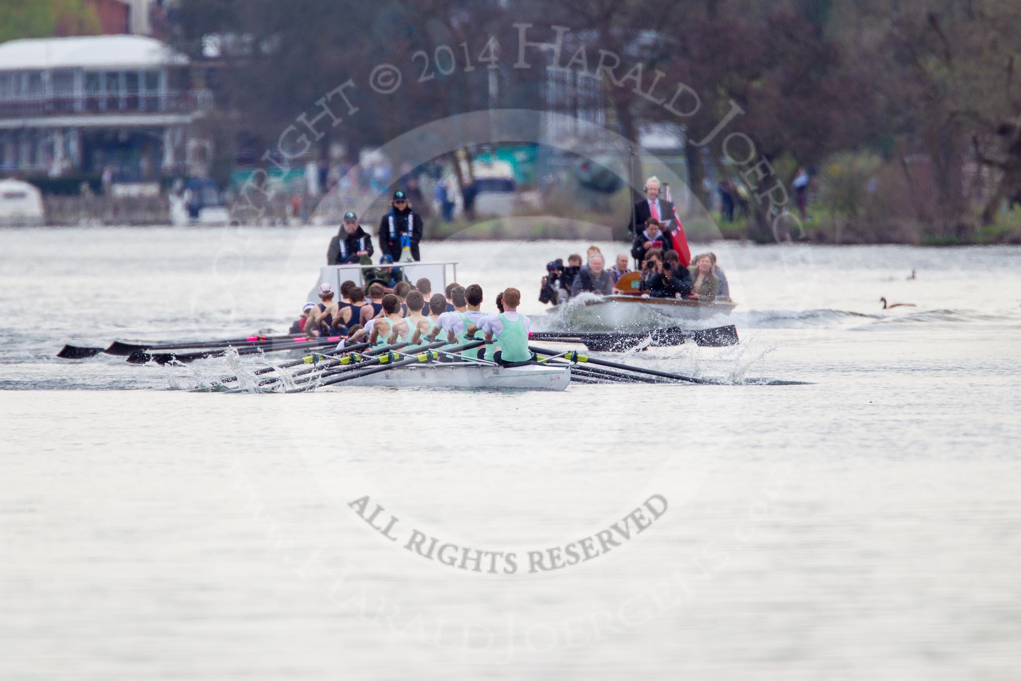 The Women's Boat Race and Henley Boat Races 2014: The Lightweight Men's Boat Race - OULRC vs CULRC, Oxford is on the right (Bucks) side, behind the boats is the umpire's launch, on the right the press boat..
River Thames,
Henley-on-Thames,
Buckinghamshire,
United Kingdom,
on 30 March 2014 at 15:39, image #361