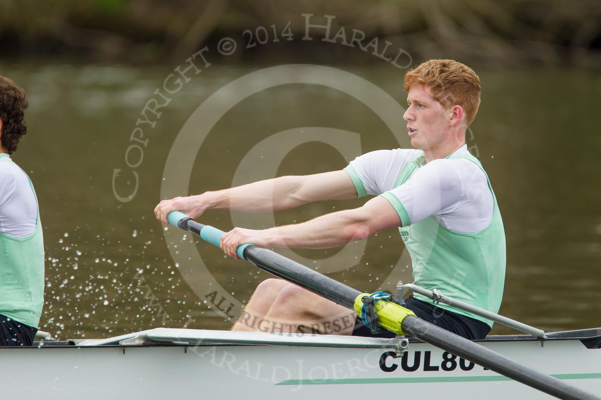The Women's Boat Race and Henley Boat Races 2014: The Lightweight Men's Boat Race - OULRC vs CULRC. In the leading Cambridge boat at bow Greg Street..
River Thames,
Henley-on-Thames,
Buckinghamshire,
United Kingdom,
on 30 March 2014 at 15:40, image #379