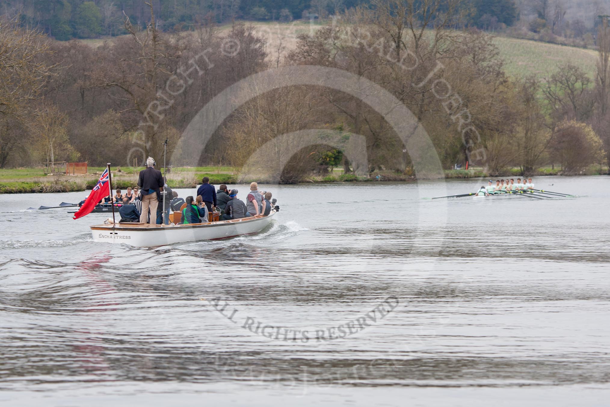 Photo 1403301541071D2137898HaraldJoergens The Women's Boat Race and Henley Boat Races 2014: The Lightweight Men's Boat Race - OULRC vs CULRC. The leading Cambridge boat is approaching the finish line, the press launch is almost covering the view of the Oxford boat..
River Thames,
Henley-on-Thames,
Buckinghamshire,
United Kingdom,
on 30 March 2014 at 15:41, image #396