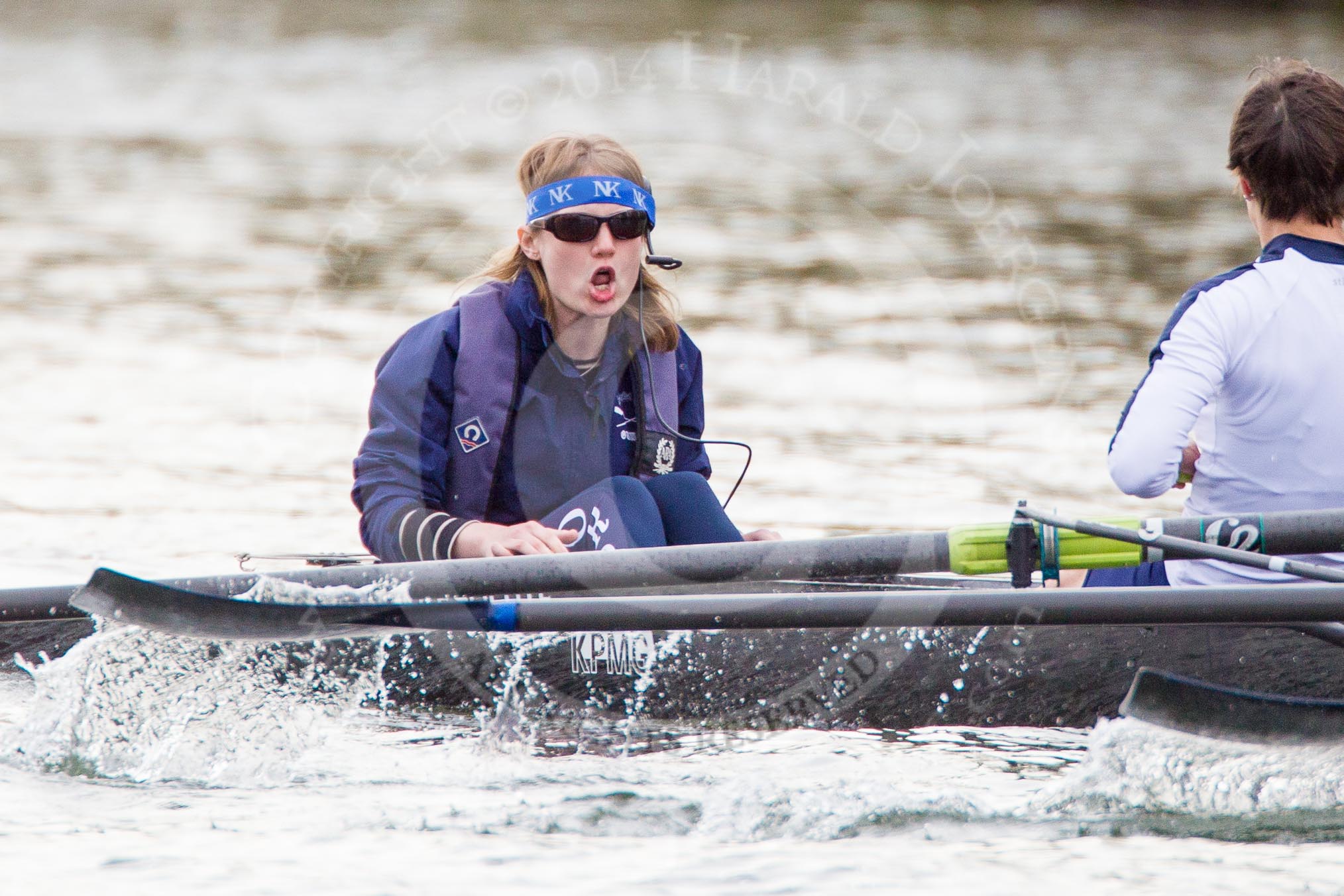 The Women's Boat Race and Henley Boat Races 2014: The Commemorative Row Past of the 1984 inaugural crews of the Oxford and Cambridge Women’s Lightweight races, to celebrate 30 years at Henley: In the OUWBC boat cox Emily McFiggans (Tethys), stroke Alison Salvesen..
River Thames,
Henley-on-Thames,
Buckinghamshire,
United Kingdom,
on 30 March 2014 at 15:54, image #444