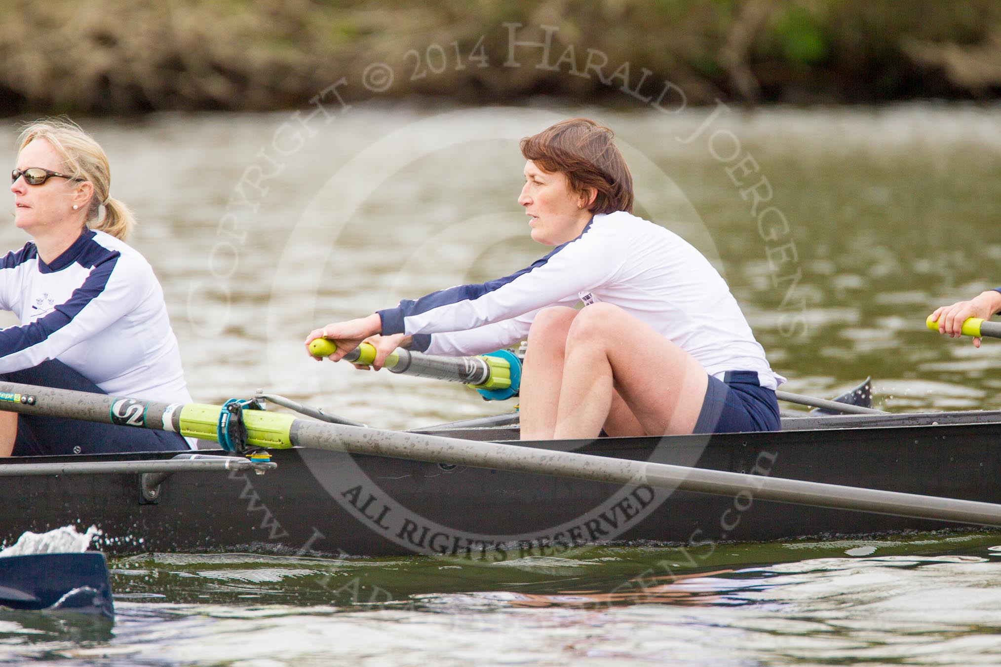 The Women's Boat Race and Henley Boat Races 2014: The Commemorative Row Past of the 1984 inaugural crews of the Oxford and Cambridge Women’s Lightweight races, to celebrate 30 years at Henley: In the OUWBC boat 3 seat Laura Evison (Oldfield), 2 Nanda Pirie..
River Thames,
Henley-on-Thames,
Buckinghamshire,
United Kingdom,
on 30 March 2014 at 15:55, image #447