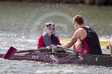 The Women's Boat Race and Henley Boat Races 2014: The Intercollegiate men's race. In the Downing College (Cambridge) boat cox Jess Stewart and stroke Michael Whetnall..
River Thames,
Henley-on-Thames,
Buckinghamshire,
United Kingdom,
on 30 March 2014 at 13:52, image #93