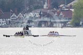 The Women's Boat Race and Henley Boat Races 2014: The Women's Reserves - Osiris v. Blondie race. Osiris (Oxford) on the left,  and Blondie (Cambridge) are getting close enough to be warned by the race umpire..
River Thames,
Henley-on-Thames,
Buckinghamshire,
United Kingdom,
on 30 March 2014 at 14:15, image #138