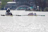 The Women's Boat Race and Henley Boat Races 2014: The Women's Reserves - Osiris v. Blondie race. Osiris (Oxford) on the left,  and Blondie (Cambridge) are still quite close together..
River Thames,
Henley-on-Thames,
Buckinghamshire,
United Kingdom,
on 30 March 2014 at 14:15, image #141