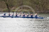 The Women's Boat Race and Henley Boat Races 2014: The Lightweight Women's Boat Race - OUWLRC in the lead: Bow Sophie Tomlinson, 2 Kirstin Rilham, 3 Rebecca Lane, 4 Nicky Huskens, 5 Sophie Philbrick, 6 Zoe Cooper-Sutton, 7 Emma Clifton, stroke  Suzanne Cole, cox  Lea Carrot..
River Thames,
Henley-on-Thames,
Buckinghamshire,
United Kingdom,
on 30 March 2014 at 14:48, image #225