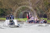 The Women's Boat Race and Henley Boat Races 2014: The umpire's launch, with a TV cameraman in front, and the press launch, with race commentator Robert Treharne Jones staning, are following the Lightweight Women's Boat Race..
River Thames,
Henley-on-Thames,
Buckinghamshire,
United Kingdom,
on 30 March 2014 at 14:48, image #222