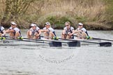 The Women's Boat Race and Henley Boat Races 2014: The Newton Women's Boat Race - Oxford in the lead, here in the 5 seat Nadine Graedel Iberg, 4 Lauren Kedar, 3 Maxie Scheske, 2 Alice Carrington-Windo, bow Elizabeth Fenje..
River Thames,
Henley-on-Thames,
Buckinghamshire,
United Kingdom,
on 30 March 2014 at 15:14, image #301