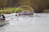 The Women's Boat Race and Henley Boat Races 2014: The Newton Women's Boat Race - Oxford in the lead, approaching the finish line, Cambridge behind and just visible on the left..
River Thames,
Henley-on-Thames,
Buckinghamshire,
United Kingdom,
on 30 March 2014 at 15:15, image #311