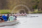 The Women's Boat Race and Henley Boat Races 2014: The Newton Women's Boat Race - Oxford is winning the race. In front the press launch..
River Thames,
Henley-on-Thames,
Buckinghamshire,
United Kingdom,
on 30 March 2014 at 15:15, image #312