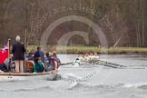 The Women's Boat Race and Henley Boat Races 2014: The Lightweight Men's Boat Race - OULRC vs CULRC. The leading Cambridge boat is approaching the finish line, followed by the press launch..
River Thames,
Henley-on-Thames,
Buckinghamshire,
United Kingdom,
on 30 March 2014 at 15:41, image #400