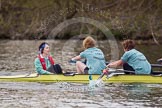 The Women's Boat Race and Henley Boat Races 2014: The Commemorative Row Past of the 1984 inaugural crews of the Oxford and Cambridge Women’s Lightweight races, to celebrate 30 years at Henley: In the CUWBC boat Cox  Alison Fyffe, stroke Louise Makin, 7 Sarah Wilshaw-Sparkes (Wilshaw)..
River Thames,
Henley-on-Thames,
Buckinghamshire,
United Kingdom,
on 30 March 2014 at 15:53, image #429