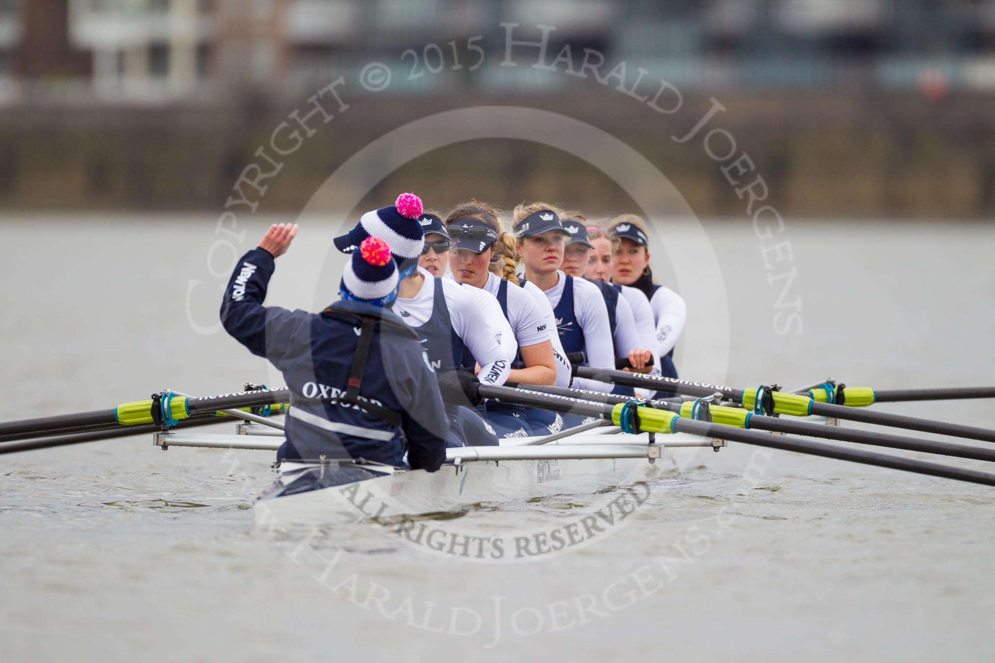 OUWBC ready for the start of the second race - Maxie Scheske, Anastasia Chitty, Shelley Pearson, Emily Reynolds, Amber De Vere, Lauren Kedar, Nadine Gradel Iberg, Caryn Davies, and cox Jennifer Ehr