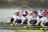 The Molesey BC boat shortly after the start of the first race - Emma Boyns,Orla Hates, Eve Newton, Natalie Irvine, Aimee Jonkers, Helen Roberts, with the leading OUWBC boat in the background.