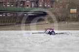 OUWBC approaching Hammersmith Bridge, the finish of the first of the three races over the tideway course