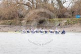 OUWBC and Molesey BC on their way from Hammersmith Bridge, the finish of the first race, to the milepost, the start of the second race