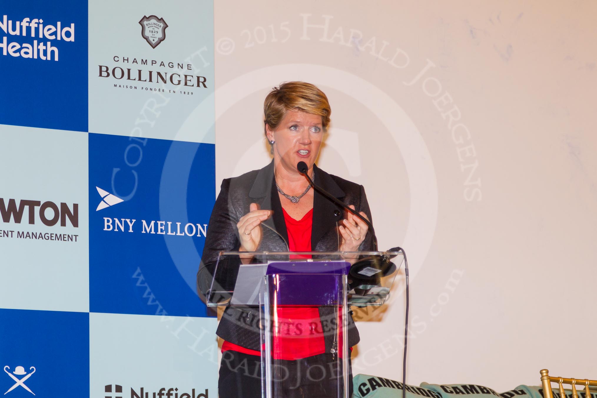 BBC Sport presenter Claire Balding talking introducing the competitors for the 2015 Newton Women's Boat Race