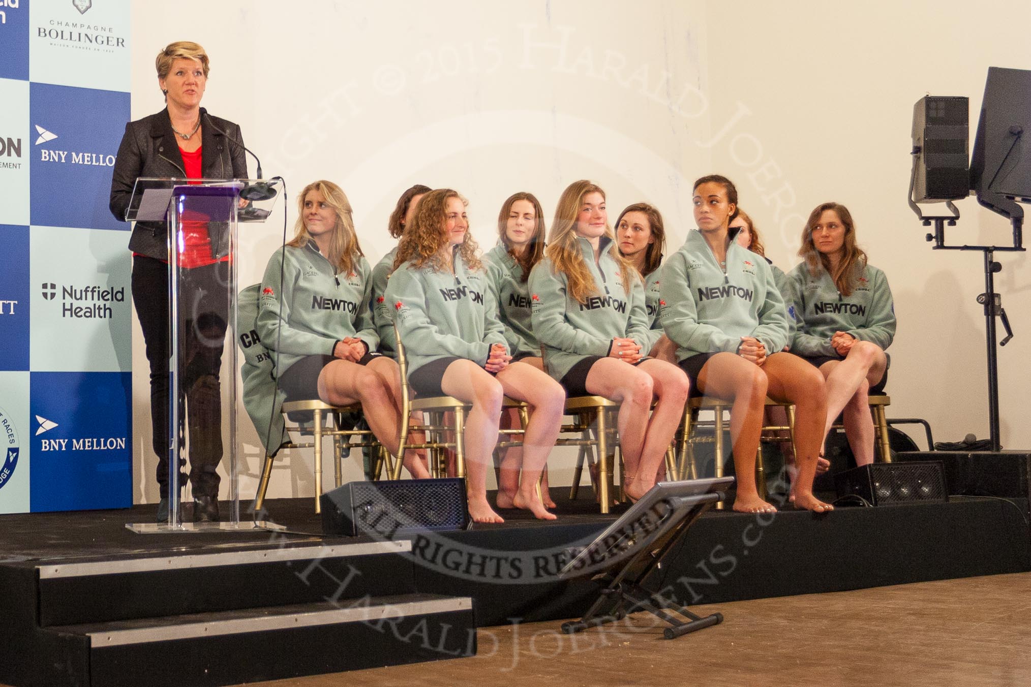 BBC Sport presenter Claire Balding with the Cambridge Blue Boat team