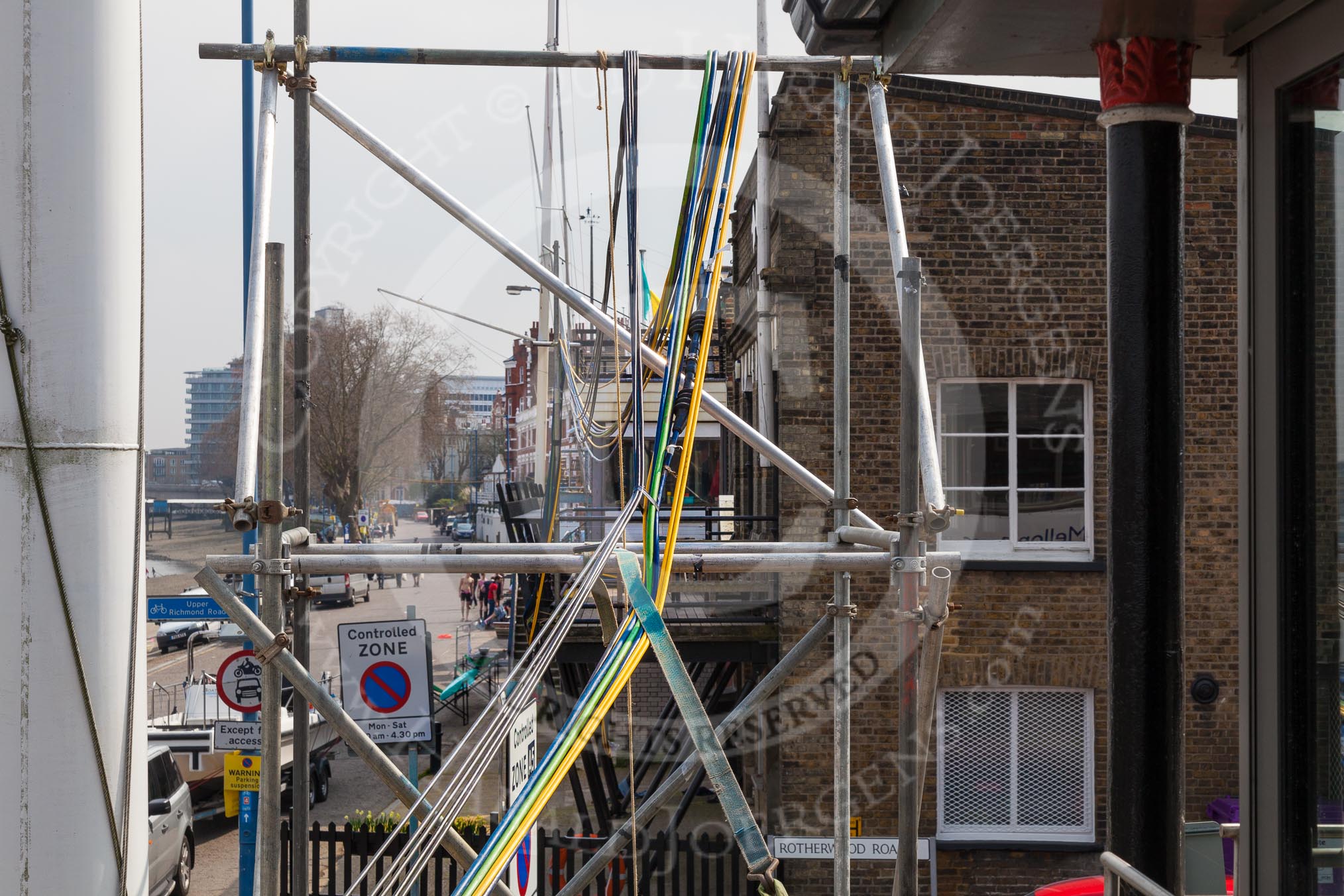 Cables for the BBC live broadcast at the Boat Race Media Centra