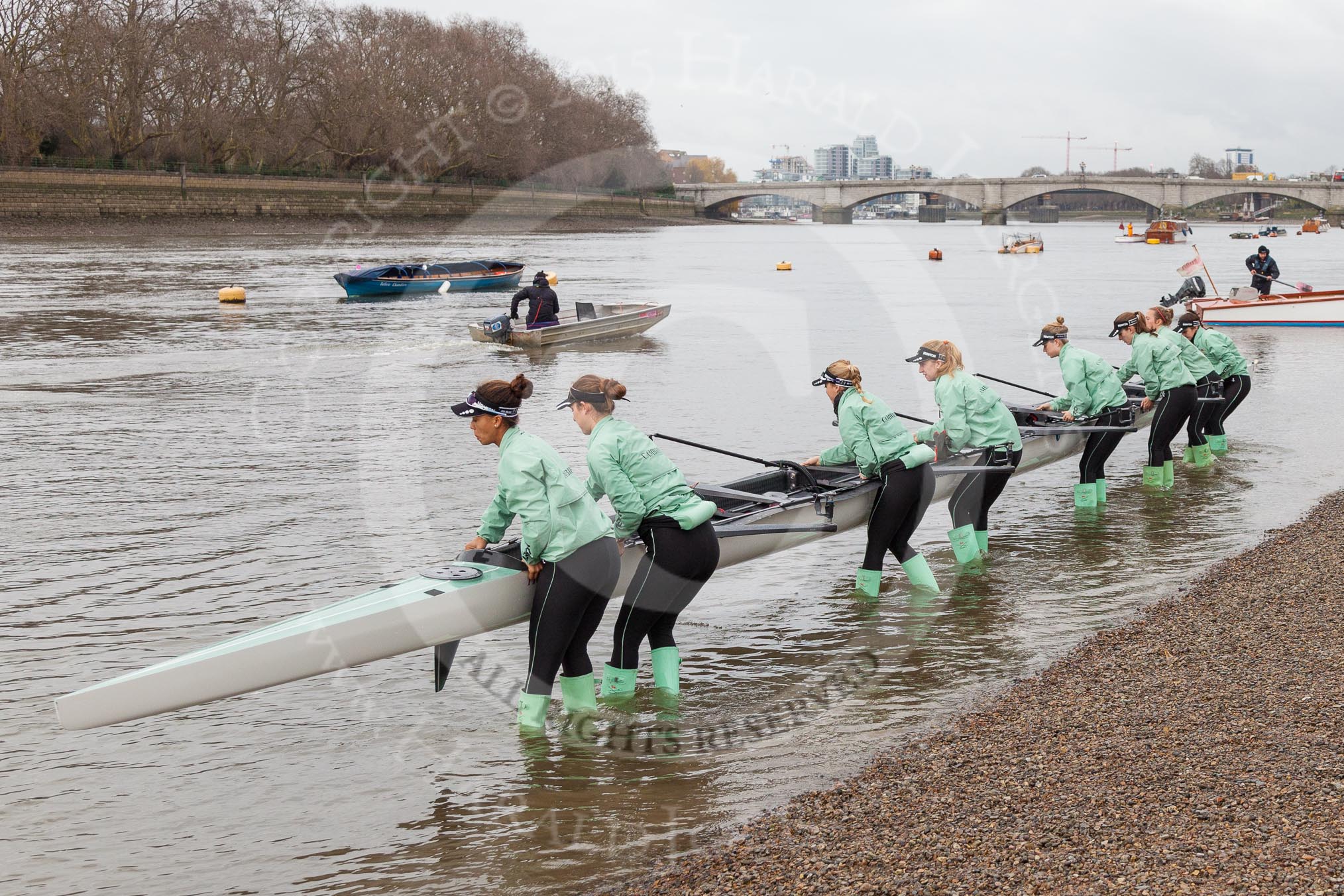 The Boat Race season 2016 - Women's Boat Race Trial Eights (CUWBC, Cambridge): Race preparations - CUWBC boat "Tideway" and crew.
River Thames between Putney Bridge and Mortlake,
London SW15,

United Kingdom,
on 10 December 2015 at 10:17, image #14