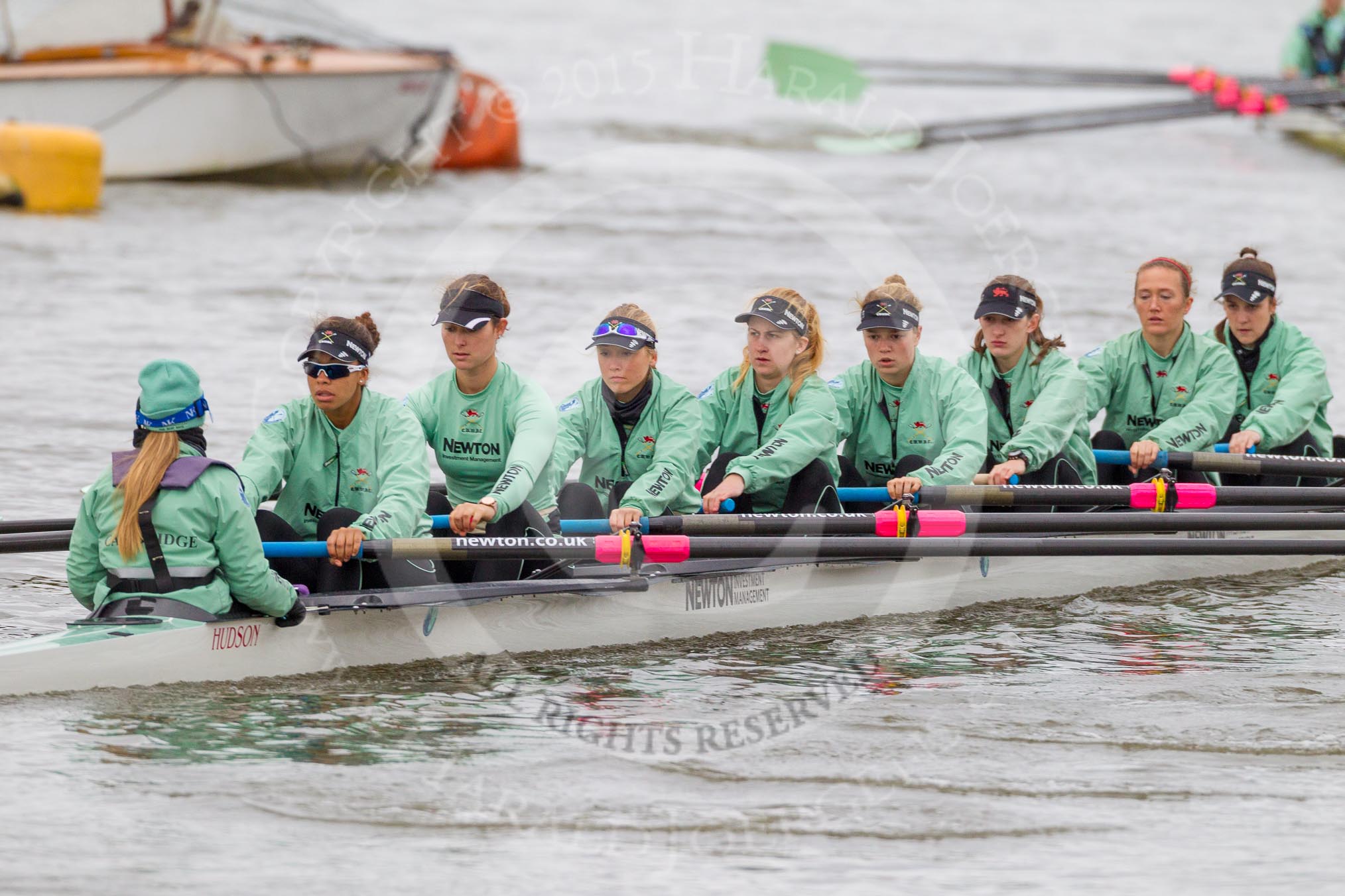 The Boat Race season 2016 - Women's Boat Race Trial Eights (CUWBC, Cambridge): The "Tideway" crew, cox-Olivia Godwin, stroke-Daphne Martschenko, 7-Thea Zabell, 6-Alexandra Wood, 5-Lucy Pike, 4-Alice Jackson, 3-Rachel Elwood, 2-Evelyn Boettcher, bow-Kate Baker.
River Thames between Putney Bridge and Mortlake,
London SW15,

United Kingdom,
on 10 December 2015 at 10:21, image #28