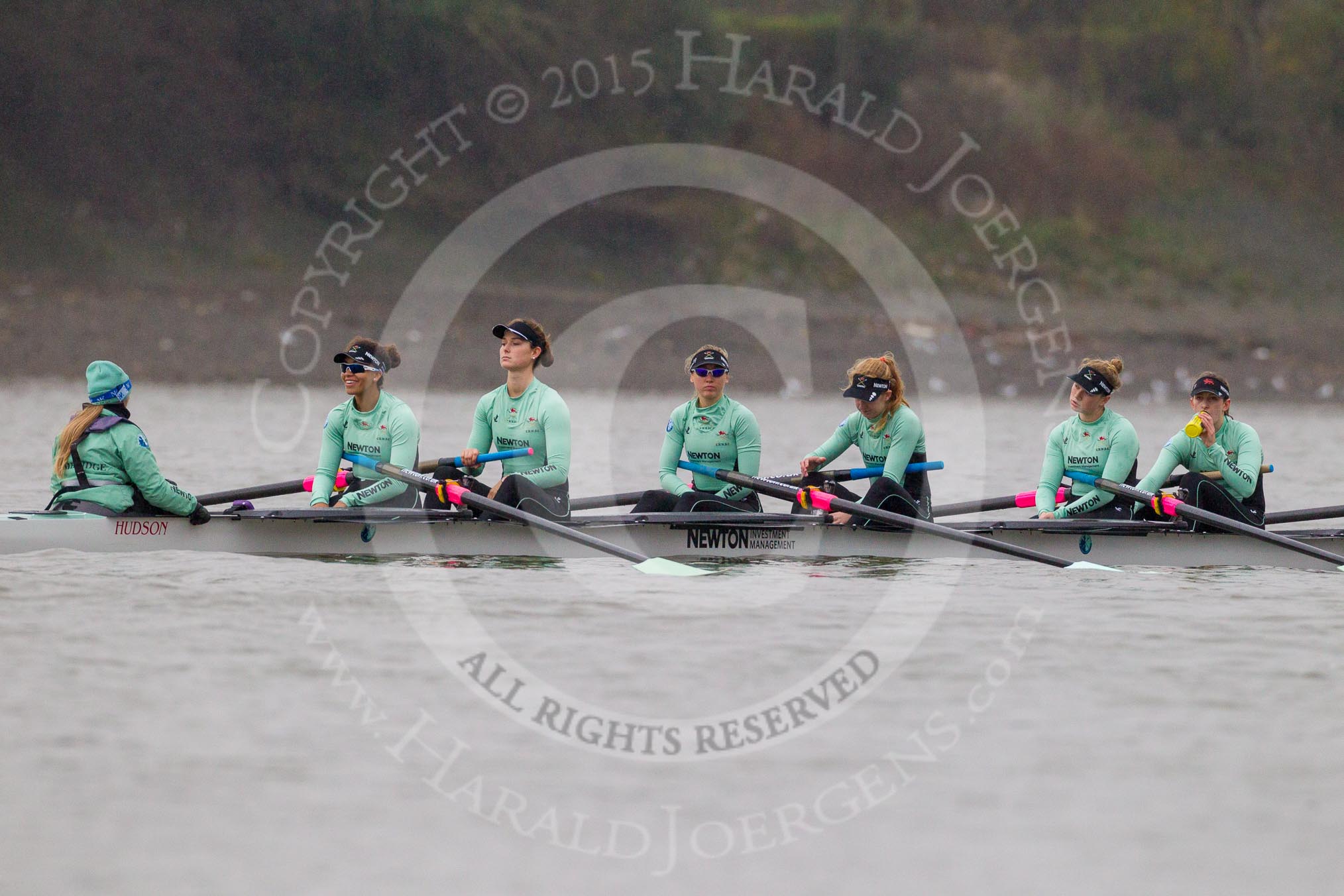 The Boat Race season 2016 - Women's Boat Race Trial Eights (CUWBC, Cambridge): The "Tideway" crew, here cox-Olivia Godwin, stroke-Daphne Martschenko, 7-Thea Zabell, 6-Alexandra Wood, 5-Lucy Pike, 4-Alice Jackson, 3-Rachel Elwood.
River Thames between Putney Bridge and Mortlake,
London SW15,

United Kingdom,
on 10 December 2015 at 10:57, image #33