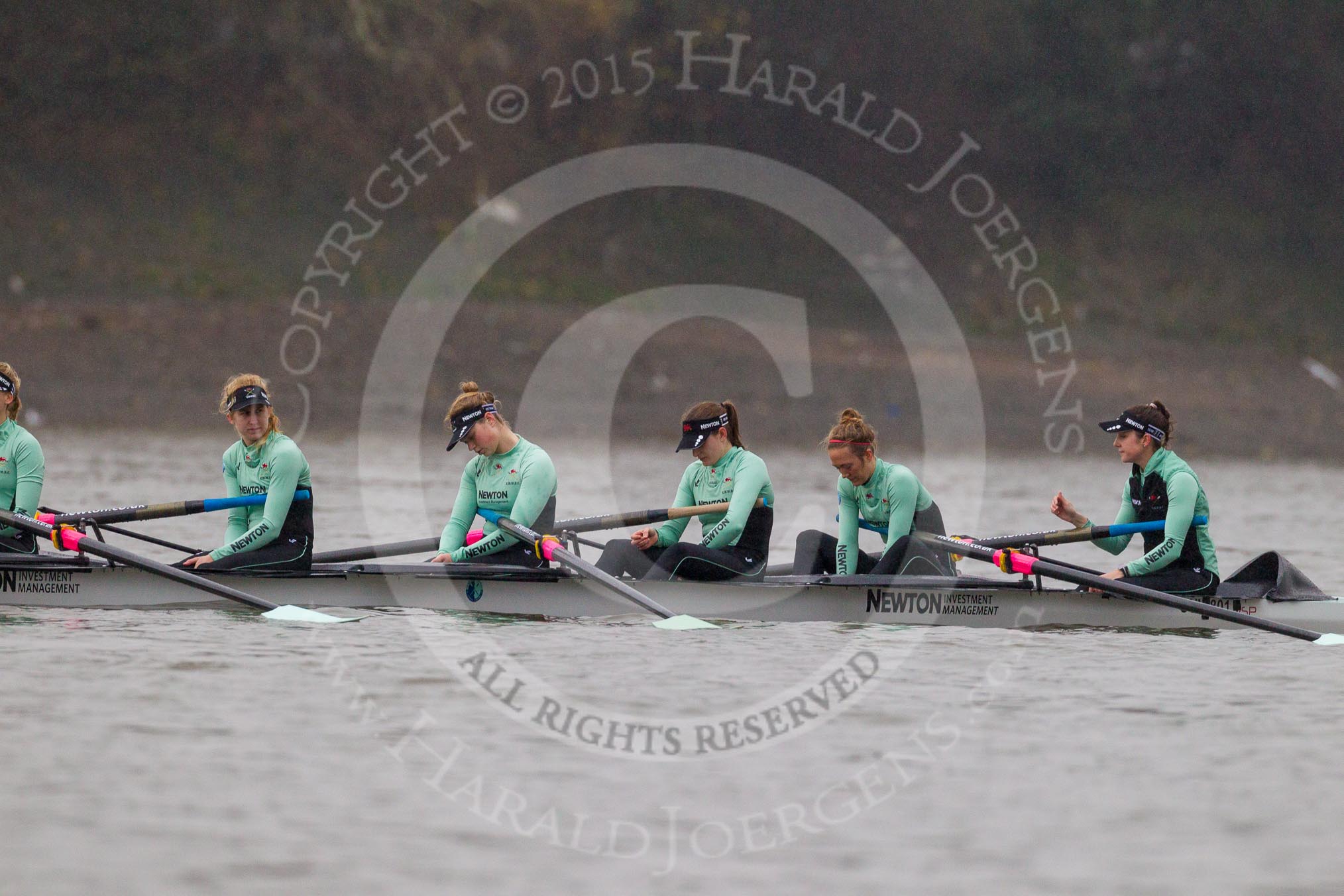The Boat Race season 2016 - Women's Boat Race Trial Eights (CUWBC, Cambridge): The "Tideway" crew, here 5-Lucy Pike, 4-Alice Jackson, 3-Rachel Elwood, 2-Evelyn Boettcher, bow-Kate Baker.
River Thames between Putney Bridge and Mortlake,
London SW15,

United Kingdom,
on 10 December 2015 at 10:57, image #34