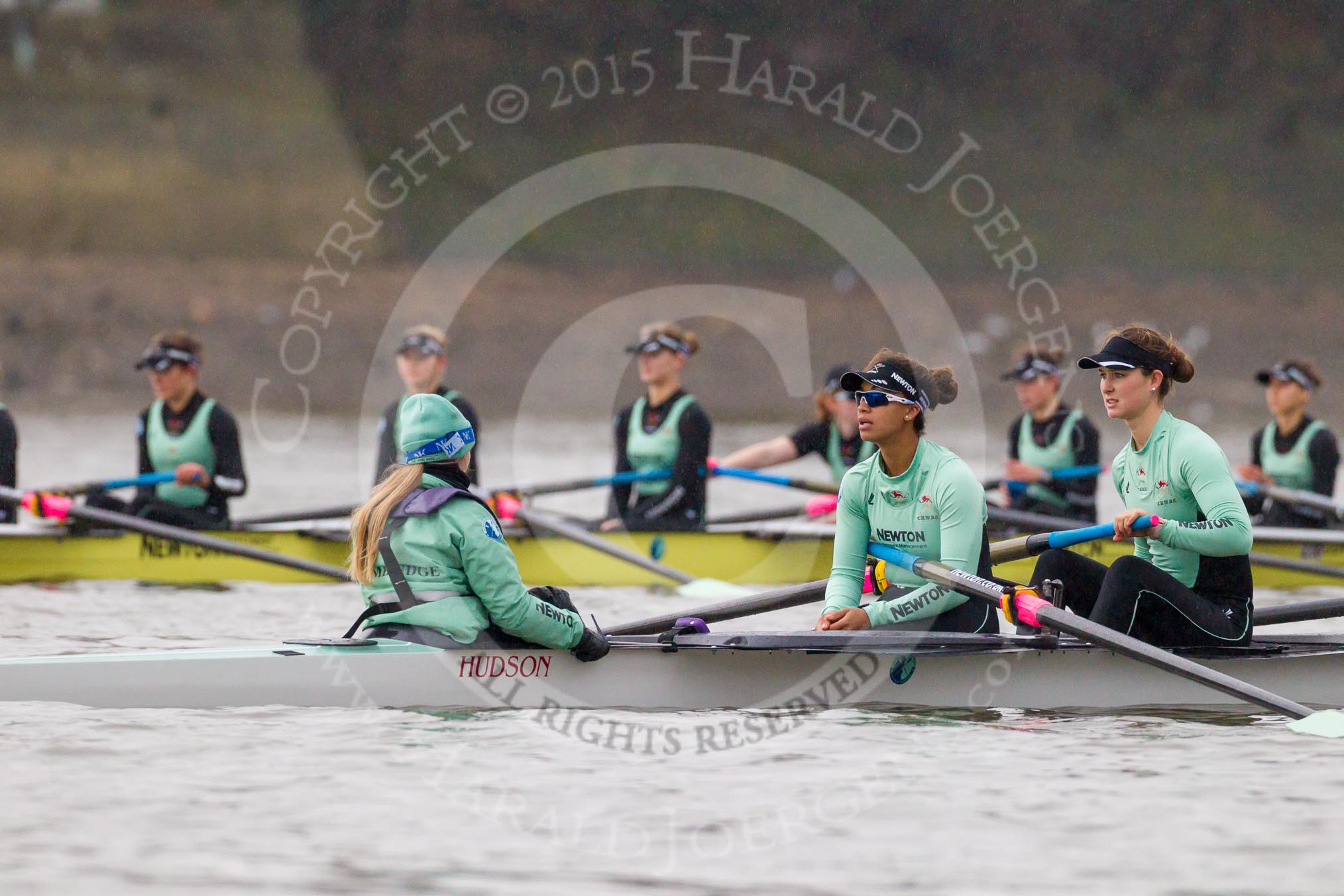 The Boat Race season 2016 - Women's Boat Race Trial Eights (CUWBC, Cambridge): "Tideway" with Cox-Olivia Godwin, stroke-Daphne Martschenko, 7-Thea Zabell, and "Twickenham"  (behind).
River Thames between Putney Bridge and Mortlake,
London SW15,

United Kingdom,
on 10 December 2015 at 10:58, image #37