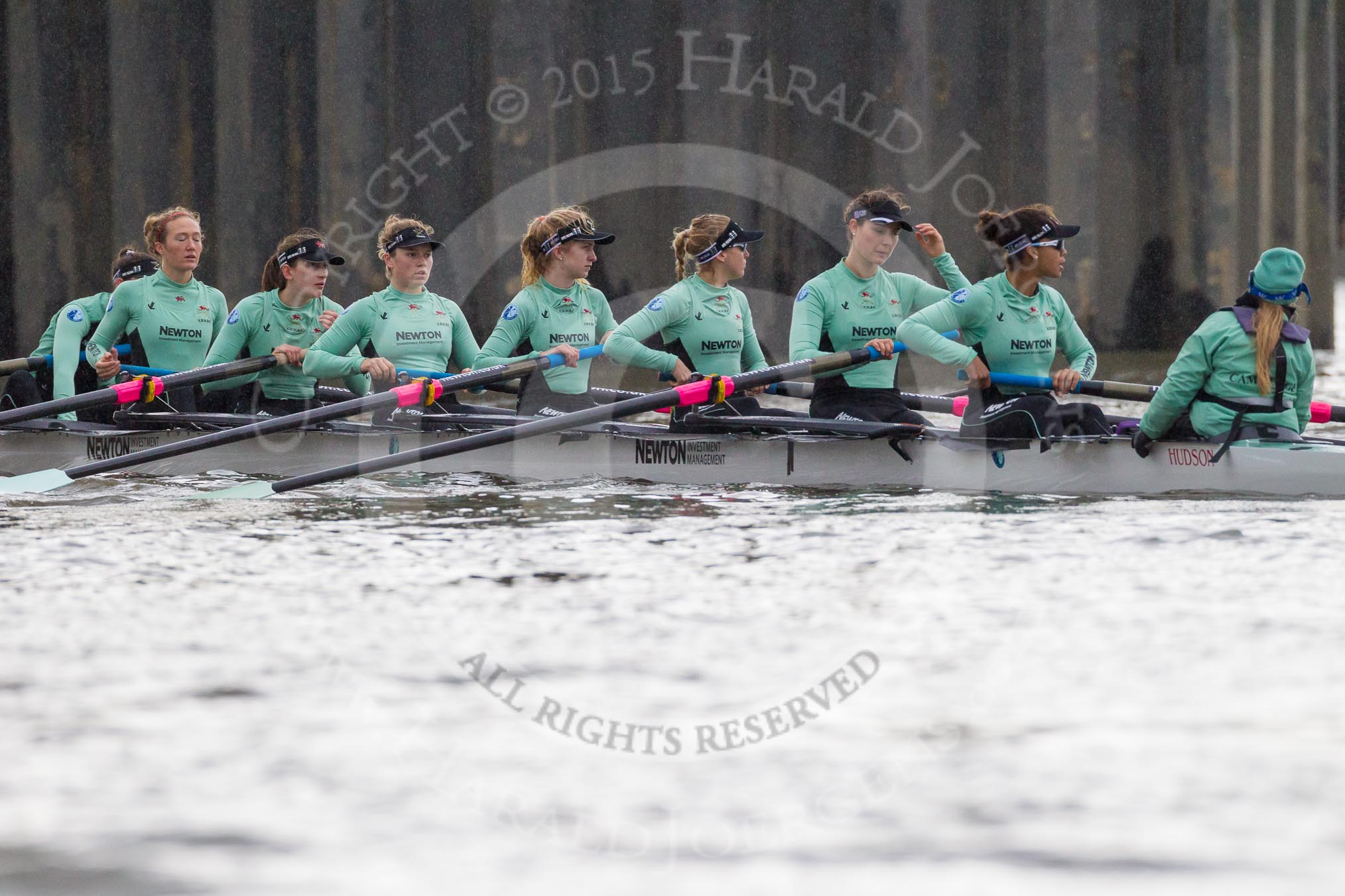The Boat Race season 2016 - Women's Boat Race Trial Eights (CUWBC, Cambridge): "Tideway" at Putney bridge before the start of the race, bow-Kate Baker, 2-Evelyn Boettcher, 3-Rachel Elwood, 4-Alice Jackson, 5-Lucy Pike, 6-Alexandra Wood, 7-Thea Zabell, stroke-Daphne Martschenko, cox-Olivia Godwin.
River Thames between Putney Bridge and Mortlake,
London SW15,

United Kingdom,
on 10 December 2015 at 11:01, image #39