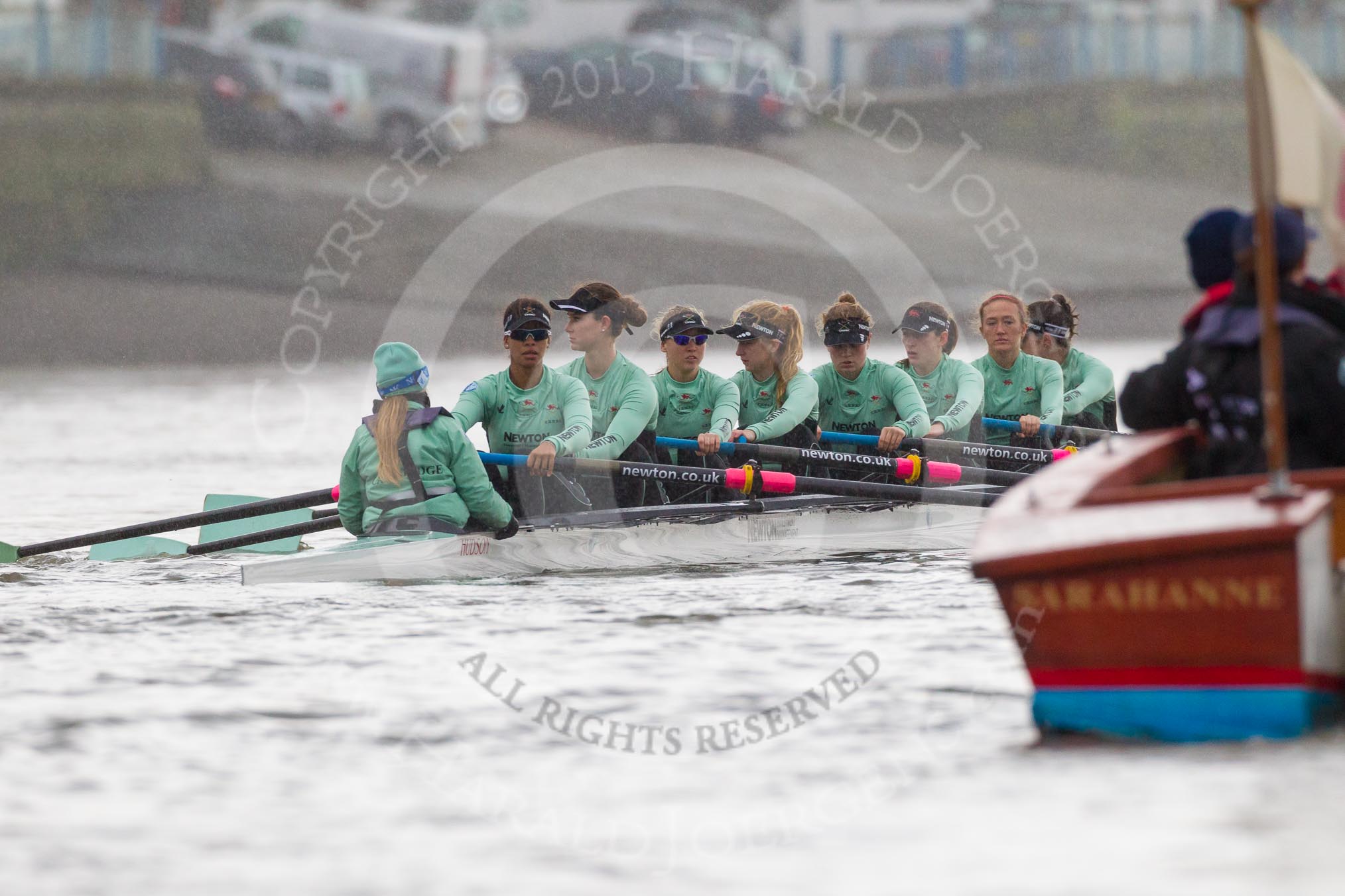 The Boat Race season 2016 - Women's Boat Race Trial Eights (CUWBC, Cambridge): "Tideway" at the start of the race, cox-Olivia Godwin, stroke-Daphne Martschenko, 7-Thea Zabell, 6-Alexandra Wood, 5-Lucy Pike, 4-Alice Jackson, 3-Rachel Elwood, 2-Evelyn Boettcher, bow-Kate Baker.
River Thames between Putney Bridge and Mortlake,
London SW15,

United Kingdom,
on 10 December 2015 at 11:03, image #40