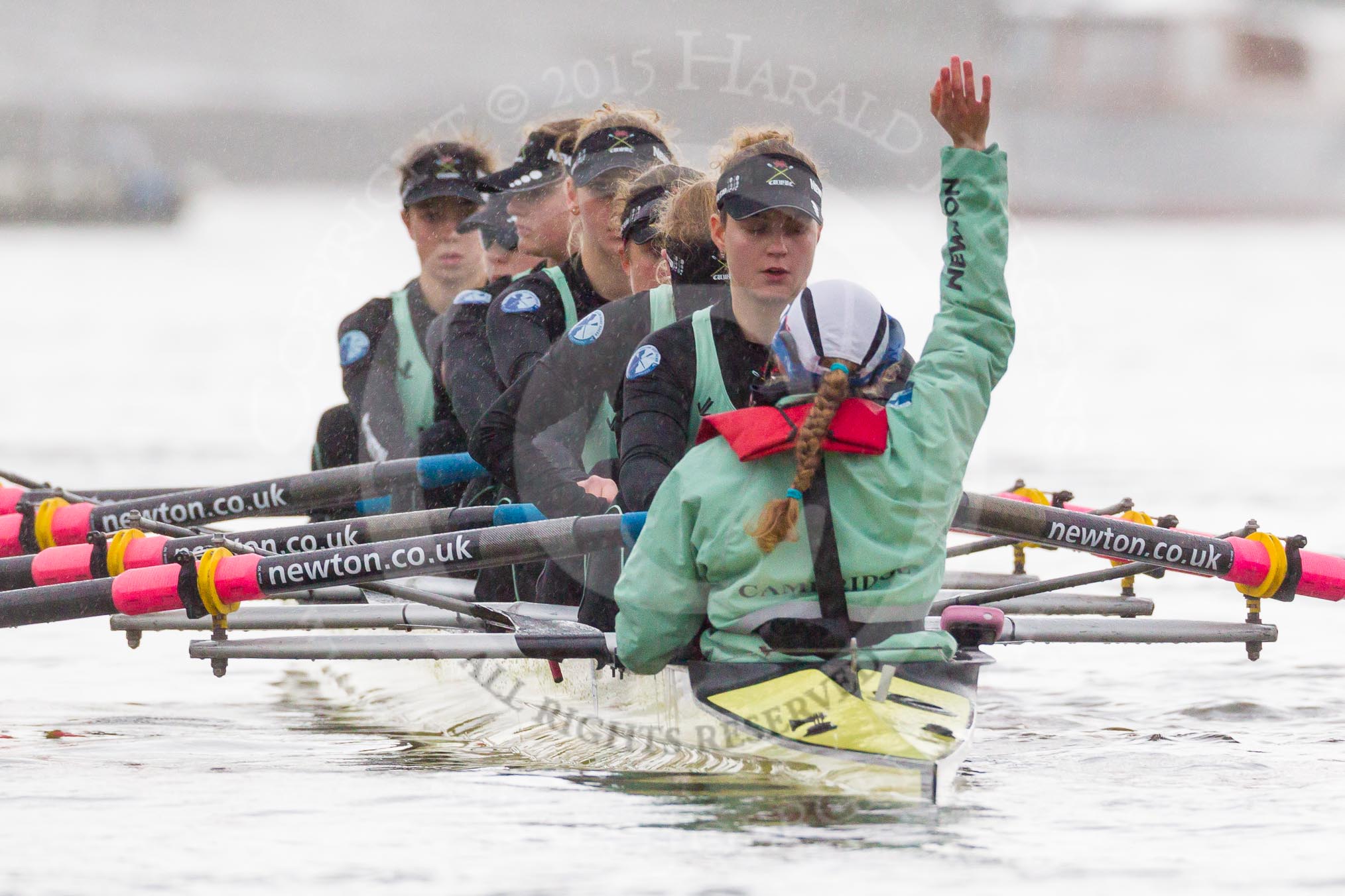 The Boat Race season 2016 - Women's Boat Race Trial Eights (CUWBC, Cambridge): "Twickenham" at the start of the race, cox-Rosemary Ostfeld, stroke-Myriam Goudet, 7-Caroline Habjan, 6-Fiona Macklin, 5-Hannah Roberts, 4-Sarah Carlotti, 3-Ashton Brown, 2-Imogen Grant, bow-Dorottya Nagy.
River Thames between Putney Bridge and Mortlake,
London SW15,

United Kingdom,
on 10 December 2015 at 11:03, image #43