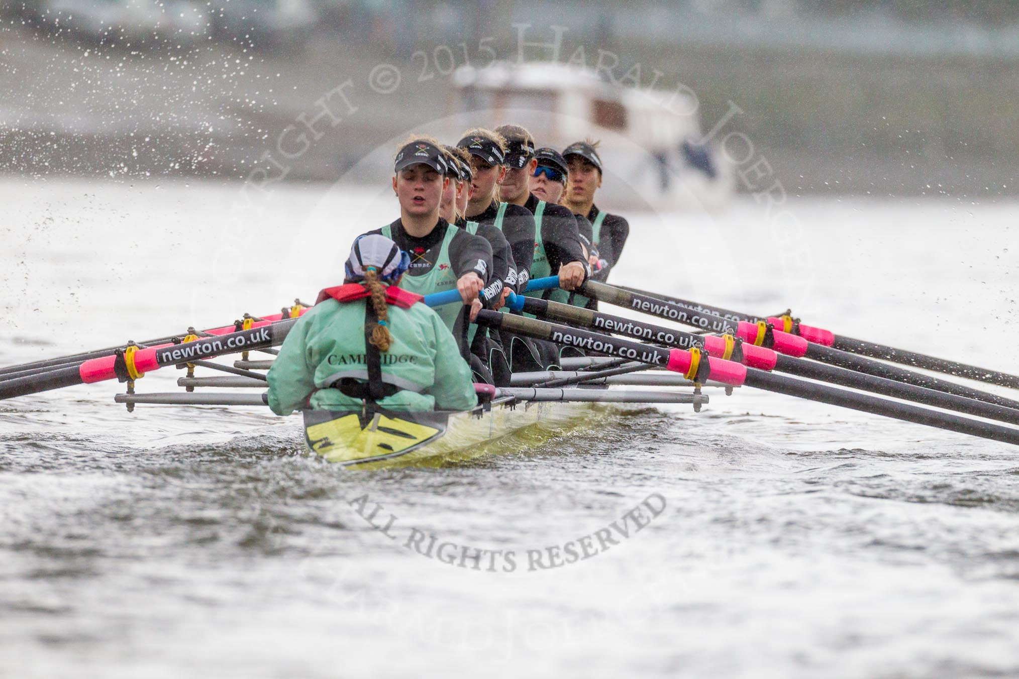 The Boat Race season 2016 - Women's Boat Race Trial Eights (CUWBC, Cambridge): "Twickenham" at the start of the race, cox-Rosemary Ostfeld, stroke-Myriam Goudet, 7-Caroline Habjan, 6-Fiona Macklin, 5-Hannah Roberts, 4-Sarah Carlotti, 3-Ashton Brown, 2-Imogen Grant, bow-Dorottya Nagy.
River Thames between Putney Bridge and Mortlake,
London SW15,

United Kingdom,
on 10 December 2015 at 11:04, image #45